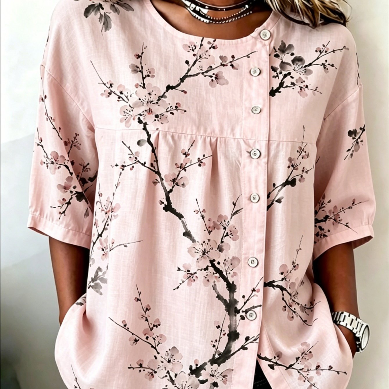 Plus Size - Floral Print Ladies Plus Size Asymmetrical Button Top, Easy And Elegant Style, Elegant Charm, Suitable For From Casual To Semi-formal Settings, Soft Fabric Cherry Pattern, Is For Mother