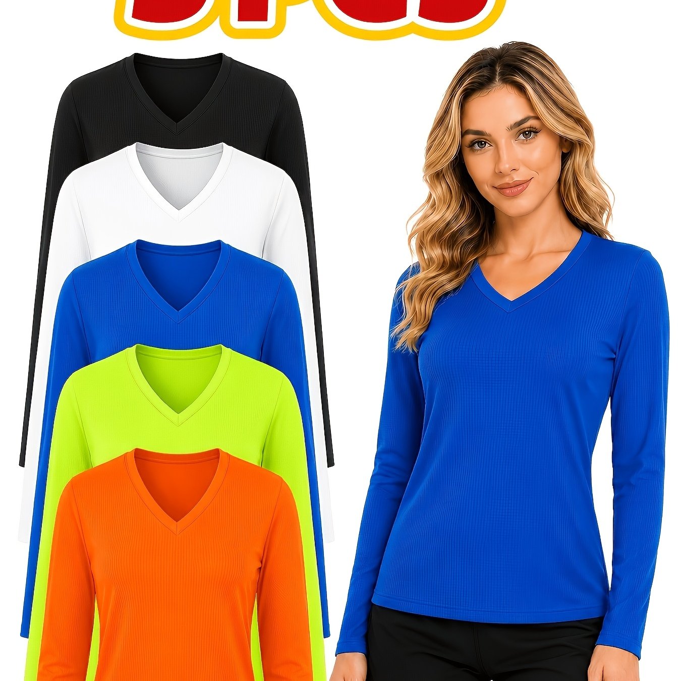 TEMU Women's 5pcs V Neck Long Sleeve Shirts, Lightweight Breathable Tops, Moisture Wicking For,,,, Travel & Casual Casual Attire