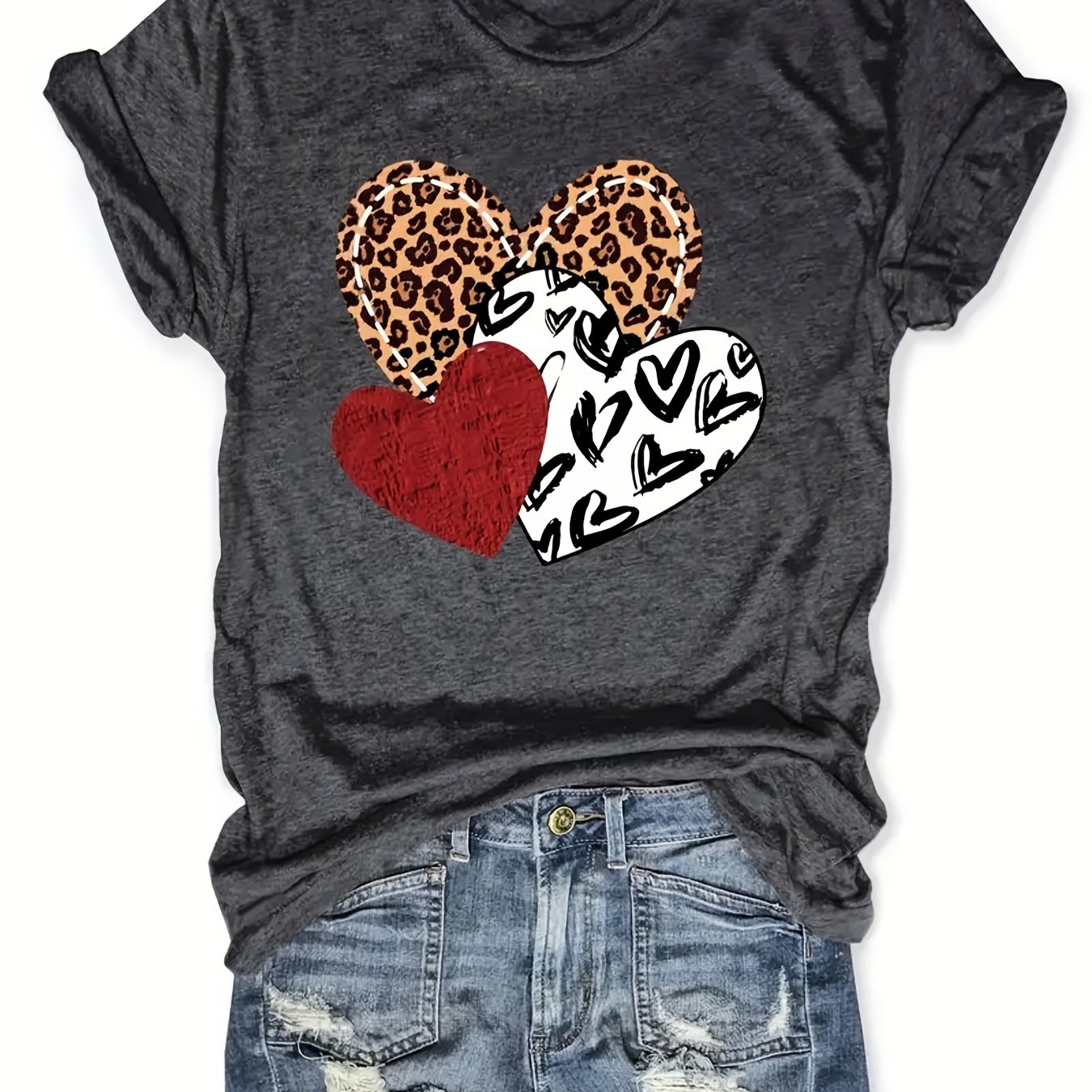 TEMU Leopard Heart Print Womens T-shirt - Fashionable Crew Neck, Lightweight Short Sleeves, Style - A Trendy Casual Top For Your Wardrobe Gift: A T-shirt For Mom