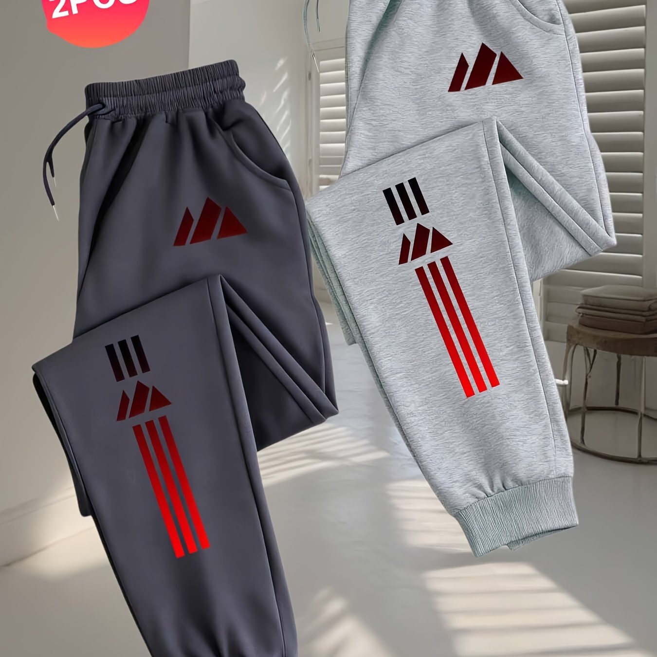TEMU 2pcs Men's Fashion Red Striped Triangle Sport Jogger Pants, Men's Sweatpants With Pockets, Men's Casual Long Pants, Comfortable Autumn/winter