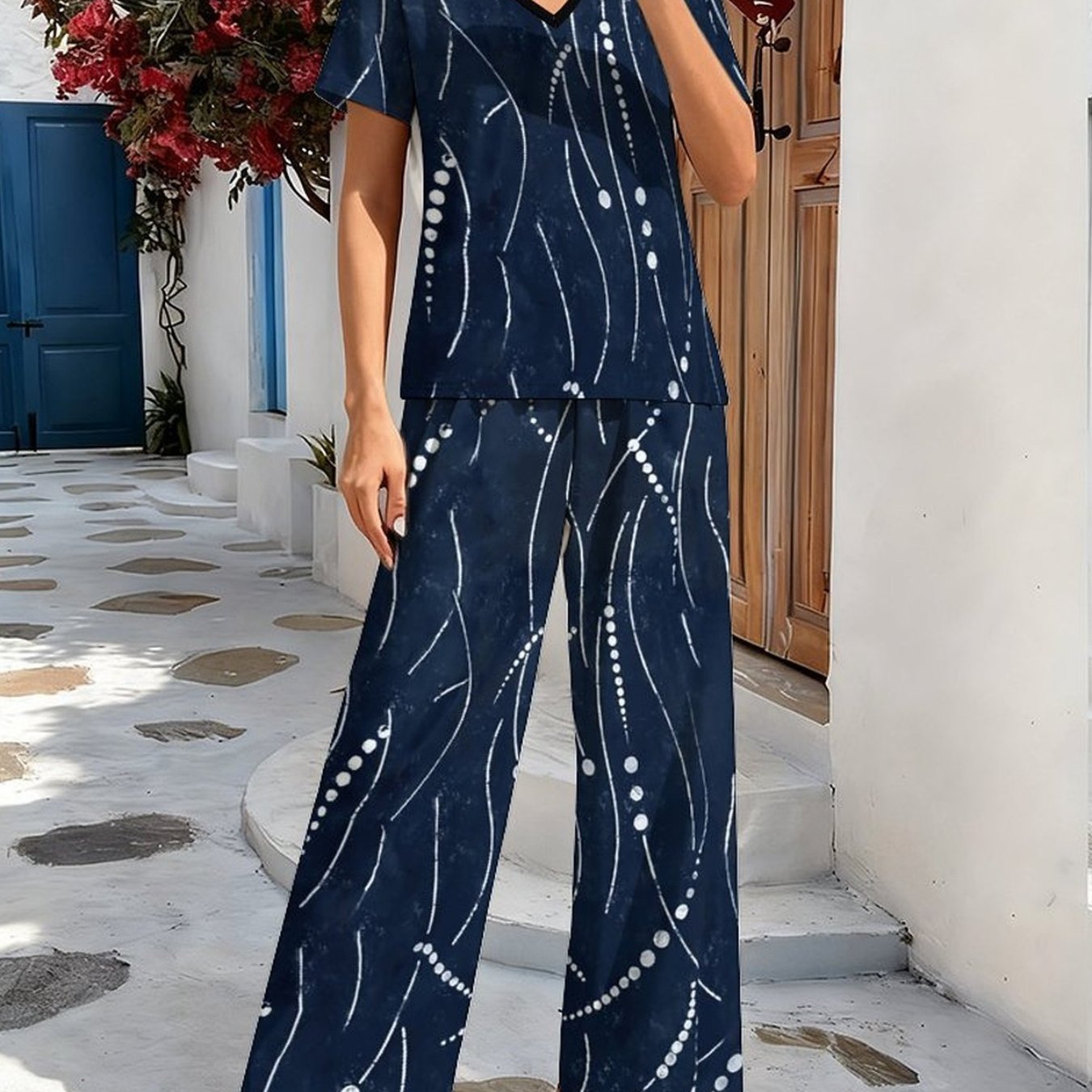 Image of Women's Comfortable, Fashionable And Elegant V-neck Short Sleeves And Loose Pants Classic Trendy Pattern Print Suitable For Daily Life, Home, Leisure, Commuting, Shopping, Parties And Camping