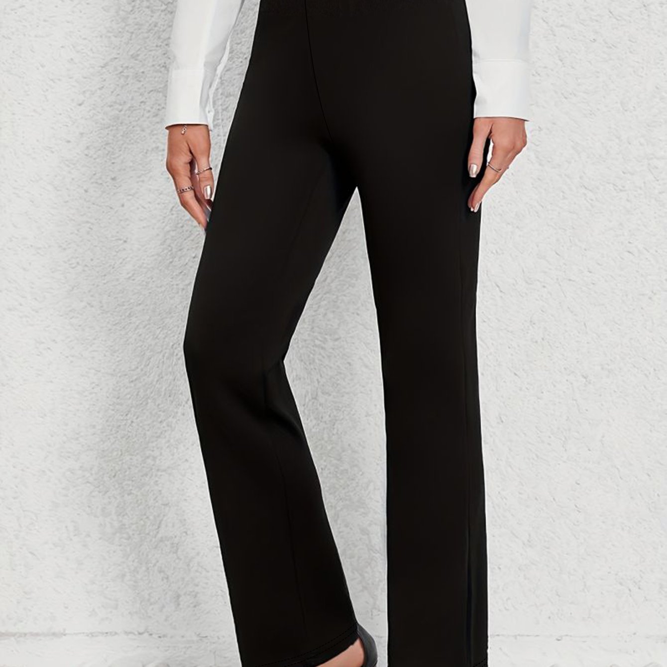 TEMU Women's Black Elastic Straight Pants - , Elastic Belt, Polyester And Elastane Blend, Machine Washable - Versatile Wear, Casual Pants | Simple