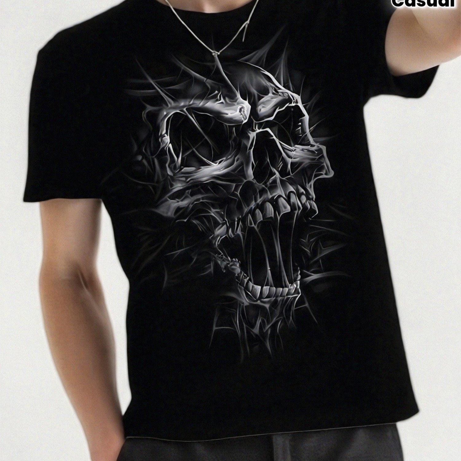 Image of Men's 3d Skull Print T-shirt - 100% Stretch Neck Short Sleeve Gothic Top With Realistic 3d Skull And Bone Design, Plus Size Suitable For Casual Wear, Parties, Edgy Style, Plus Size