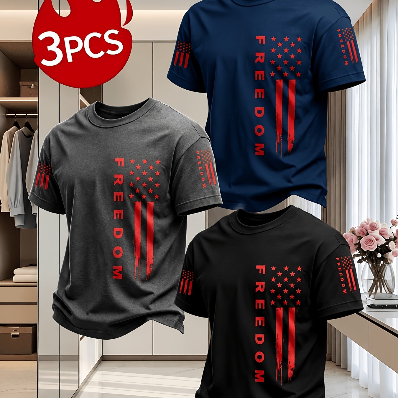 TEMU 3pcs Flag Graphic Men's T-shirts Home Casual Daily Short Sleeve Shirts