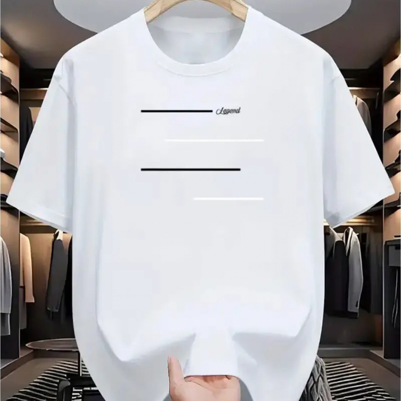 100% Unisex Loose Fit T-shirt, Round Neck, Pure Positioning Print, 4pcs Horizontal Line Pattern, Casual Short Sleeve, Comfortable For Middle-aged And Young Men, Trendy Adult T-shirt Xzl13