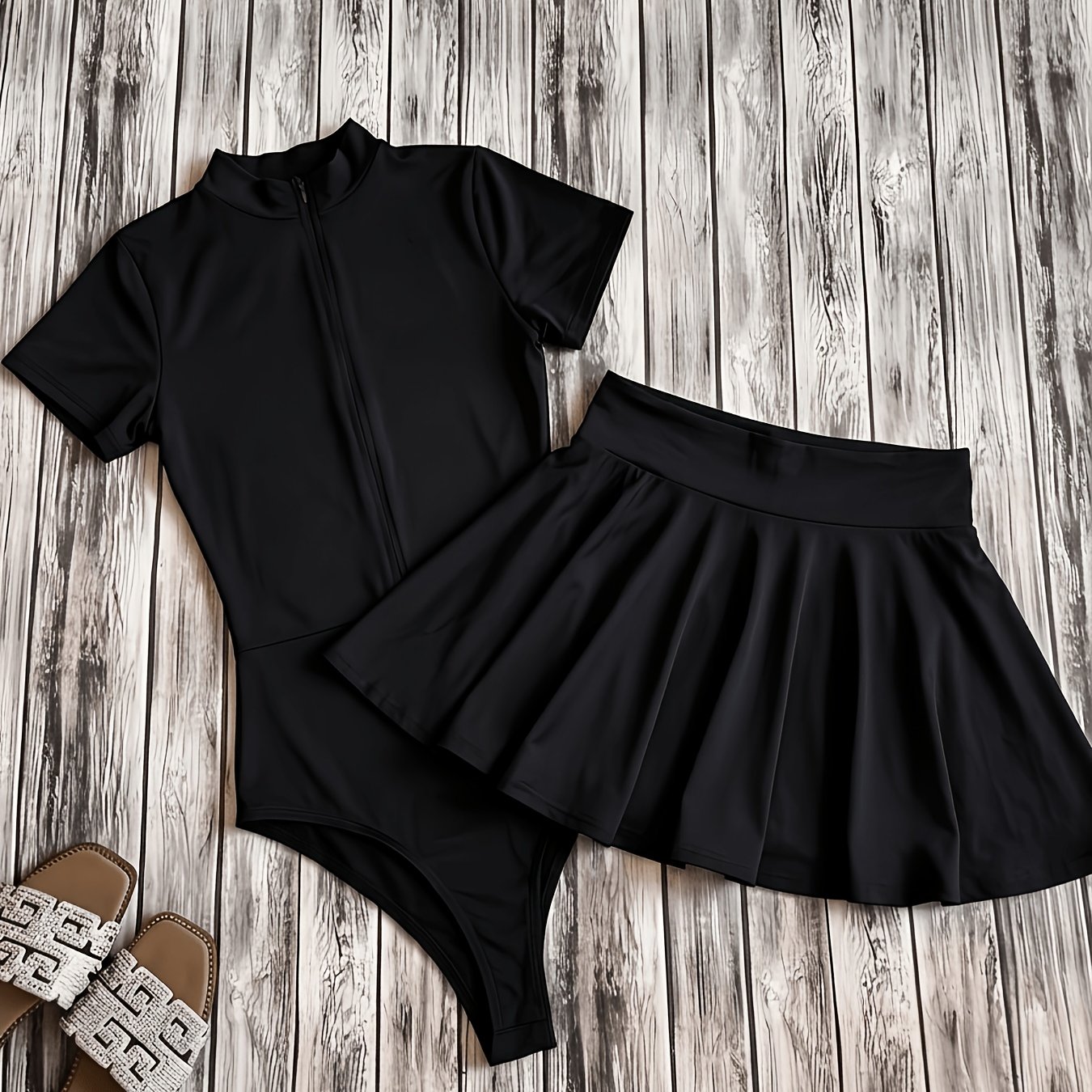 TEMU Jumpsuit Set, Featuring A High-neck Fitted Y Jumpsuit And A Solid-color Skirt, Offering A Casual Yet Elegant Y2k Style. Perfect For Streetwear,