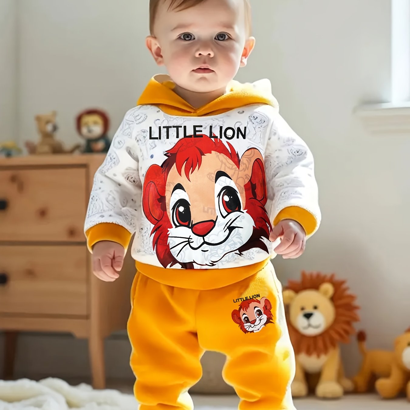 Boys' Comfortable Lion Print Hoodie And Pants Set, For Outdoor