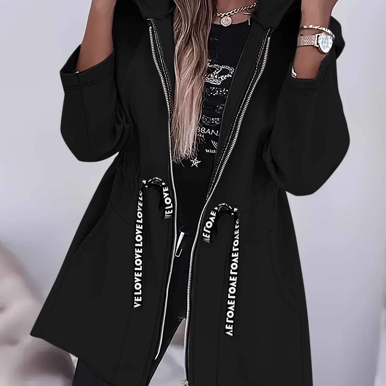 Women's Casual Hooded Jacket With Elastic Band And Zippered Pockets - Love Print English Drawstring Design, Long Sleeve Hooded Zip-up Coat With Pockets, Solid Color Women's Autumn/winter 2a9788