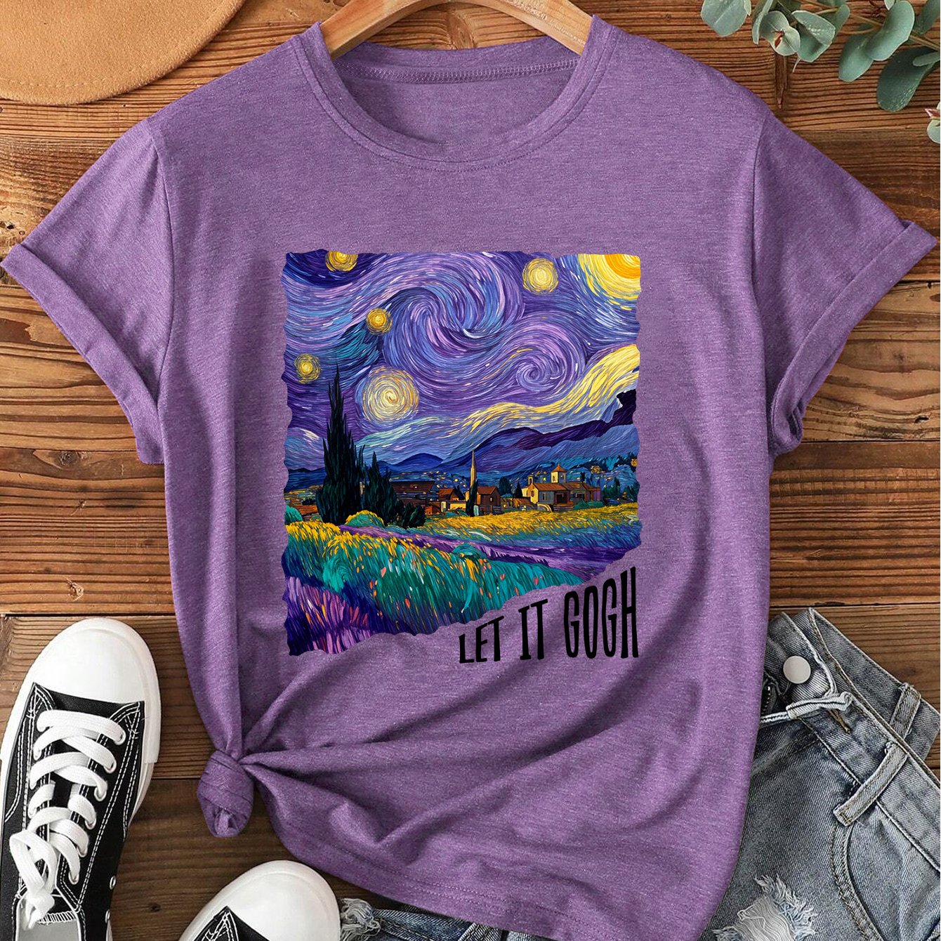 TEMU Outdoor Sports Picnic Casual T-shirt " Gogh" Art Print, Round Neck Daily Casual Fashion Vintage Style, Women's Spring Summer Autumn Winter New