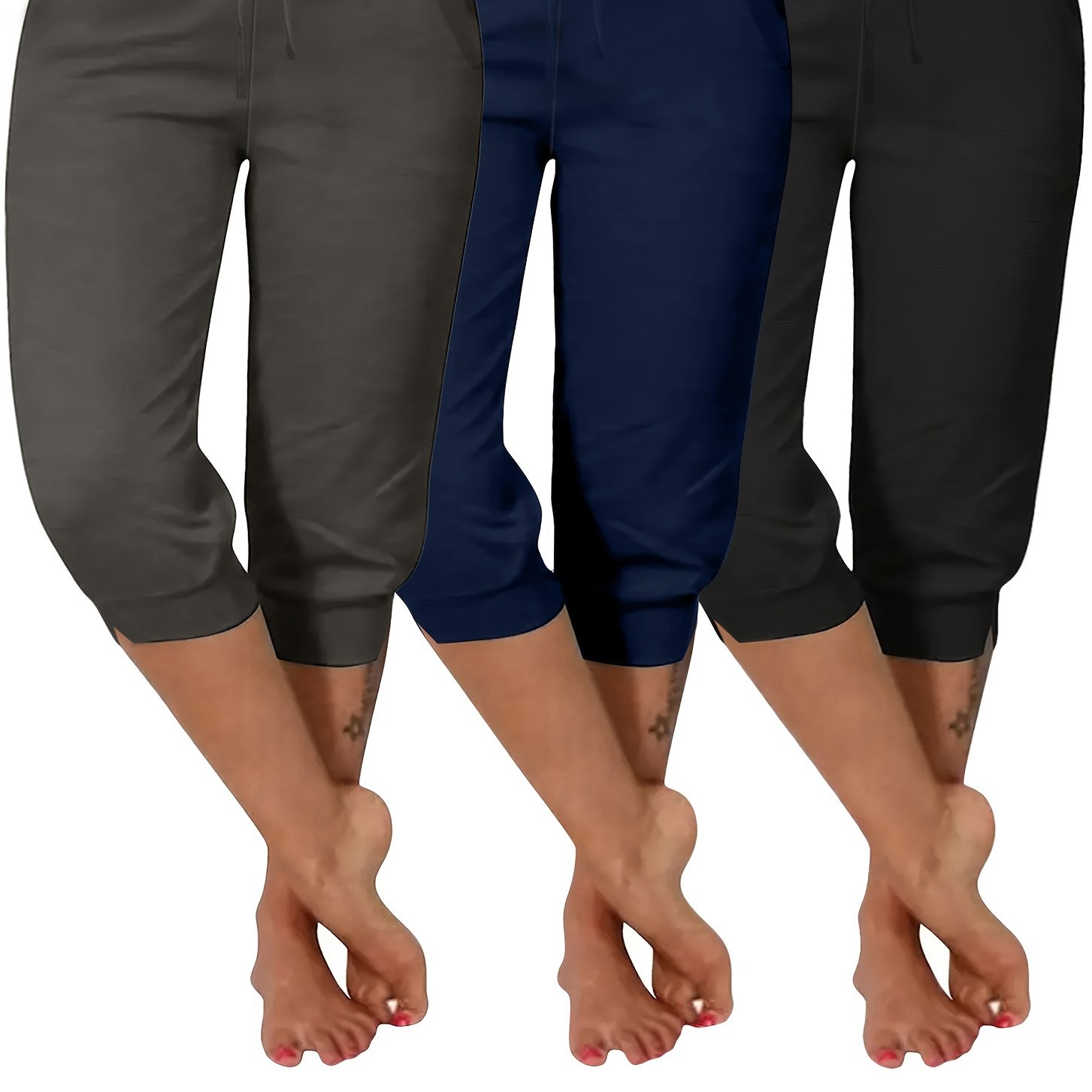 Image of Plus Size, 3pcs Plus Size Solid Color Mid-pants - Full-length Suitable For Shorter Torsos, Casual Comfortable Machine-washable Trousers, Wear (3pcs Bundle)