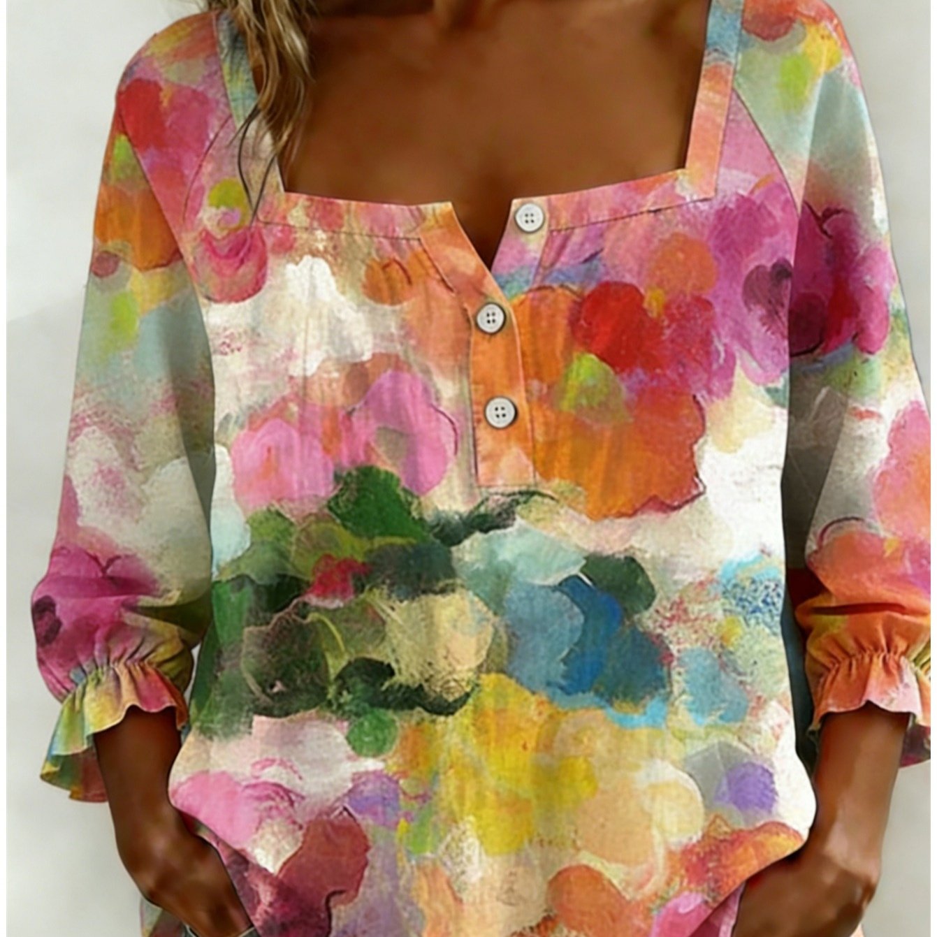 Women's Retro Blouse Shirt - Square Neck 3-button Blouse With Smudged Floral & Suitable For Spring/summer Casual Blouse, Machine Washable Button-front Blouse For Warm Weather Outfits (non- ), 2d Flat