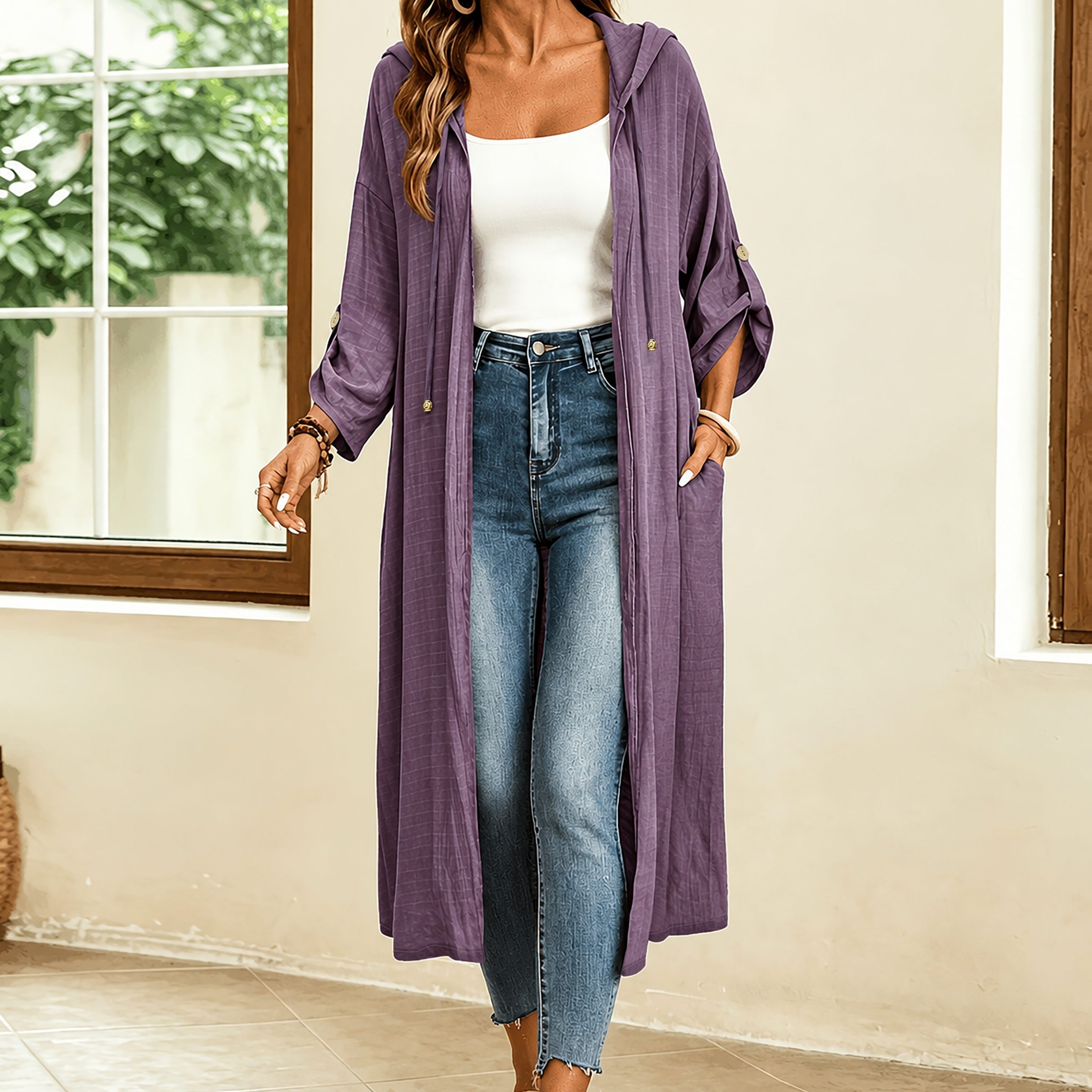 TEMU 1pc Women's Bohemian Style Gray-purple Mid-length Hooded Cardigan, Loose Open Front Design With Adjustable Cuff Straps And Utility Pockets,