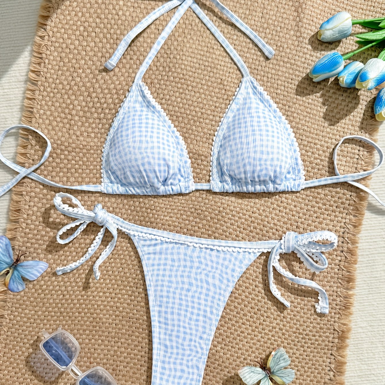 TEMU Bikini, Light Blue Plaid, Triangle Cup, Straps, Pure And Sensual Style Beach Swimsuit