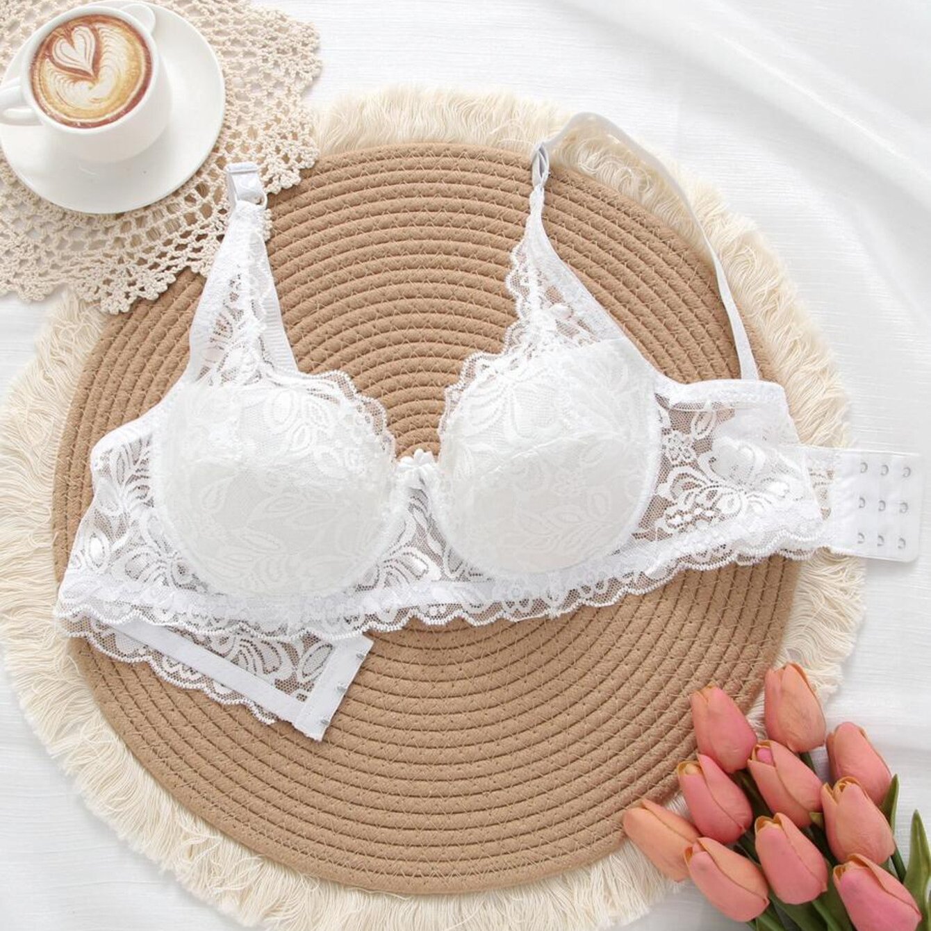TEMU Three-row Button Full Lace Floral Bow Push-up Sexy Bra For Women