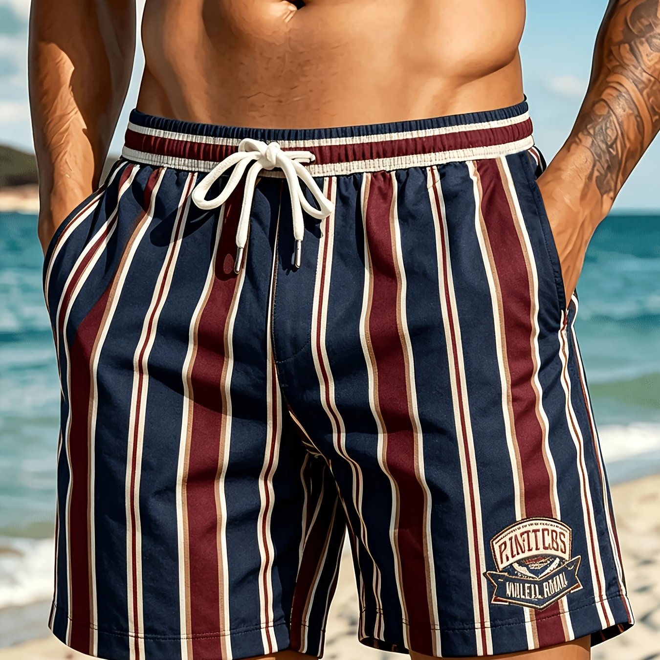 TEMU [printed Design - Not Textured] Men's Beach Shorts, Casual All-match Shorts, Pinstripe Navy Blue, Red White, Lightweight And Breathable, Loose