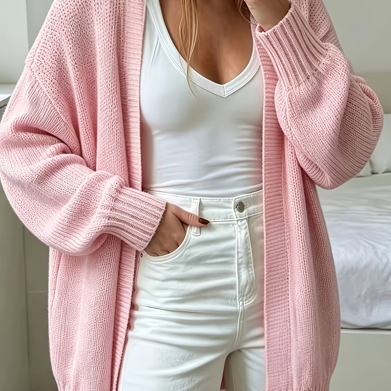 TEMU Grande Taille - Cardigan Long Ouvert sur le Devant pour Femmes, Toutes Saisons, Veste Pull Décontractée Ample à Manches Longues et Épaules