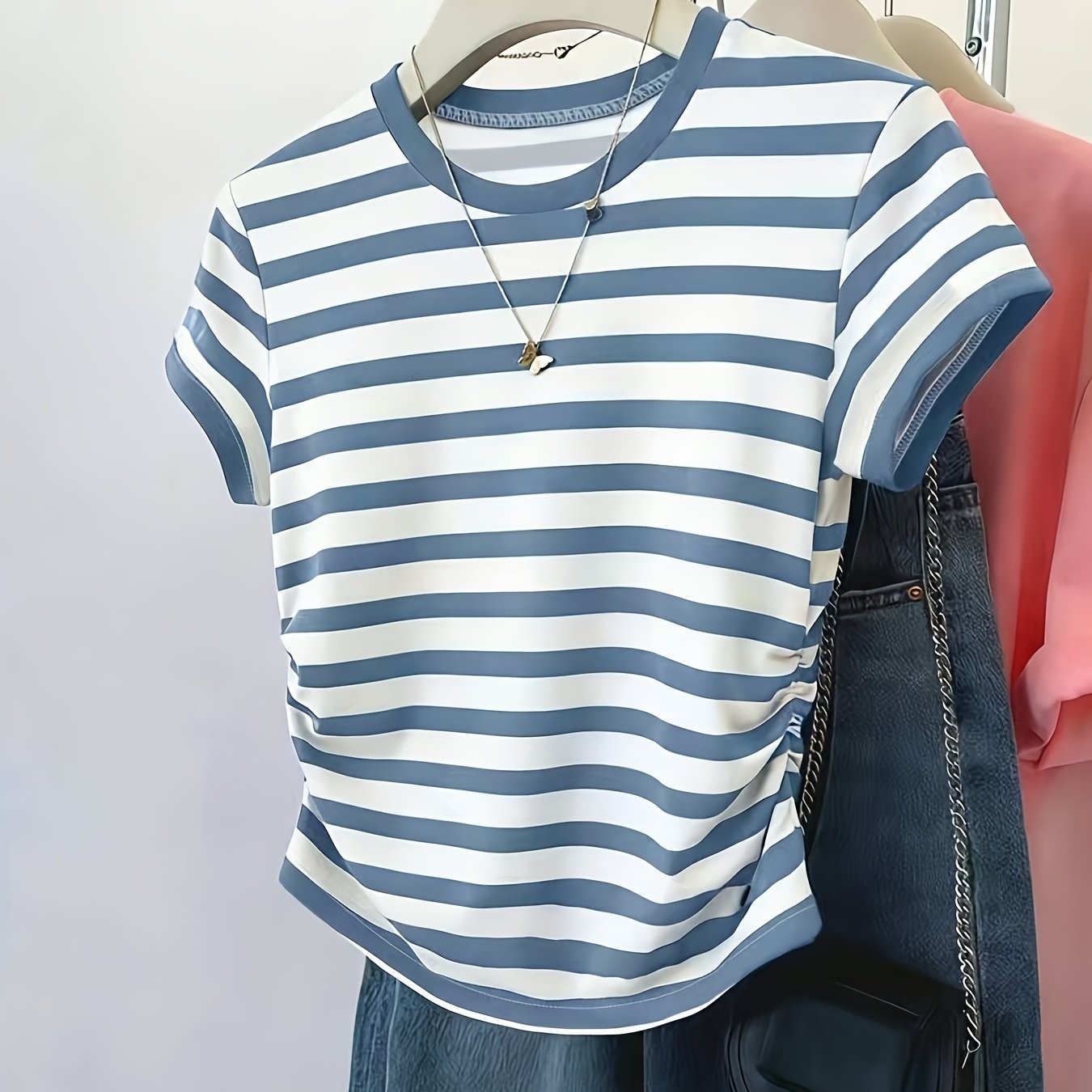 TEMU Summer Korean-style Pleated Waistband Color-block Round Neck Short Sleeve Fashionable Versatile Striped Cool- T-shirt