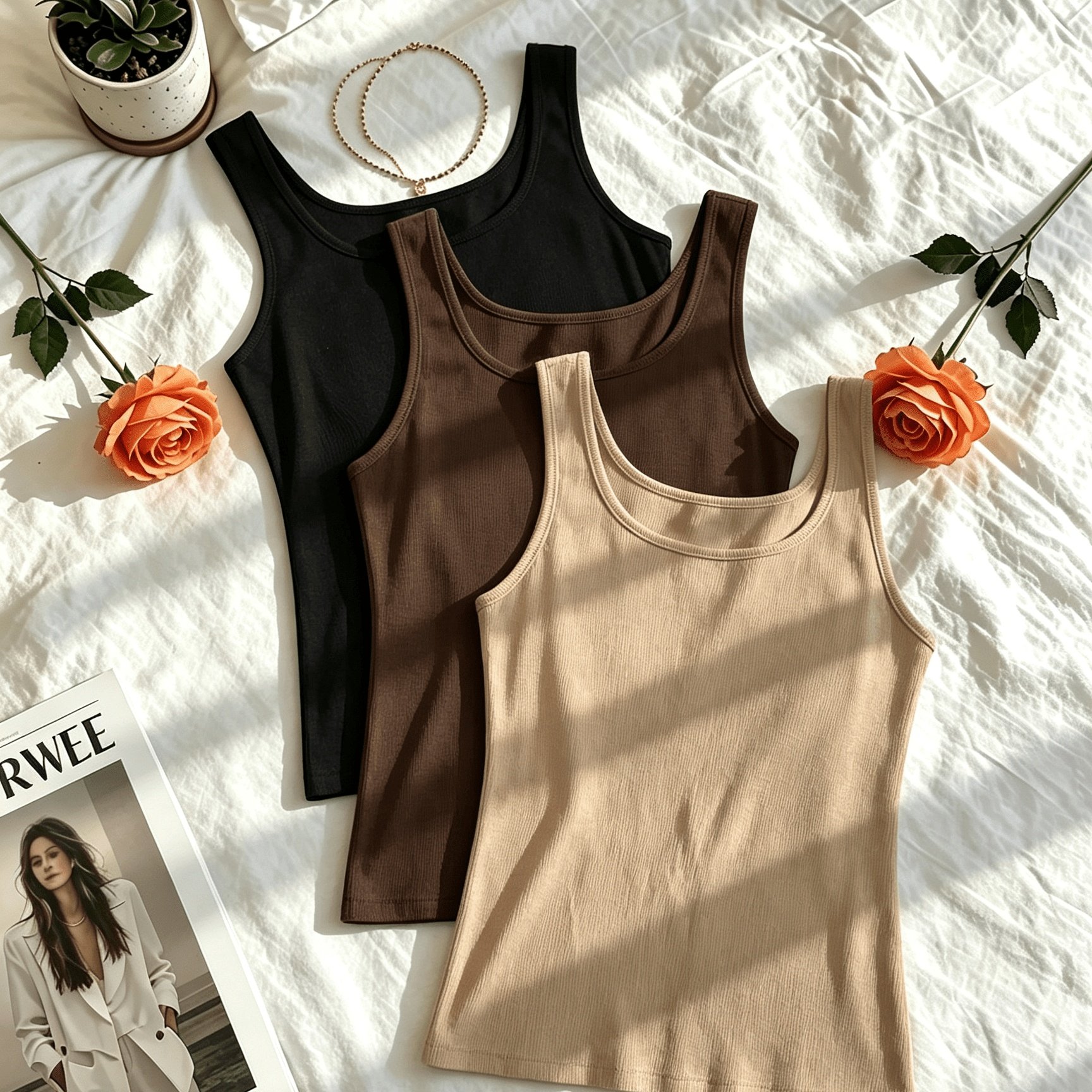 TEMU Western Spring Summer Autumn Solid Color Casual Square Neck Vest 3pcs Set