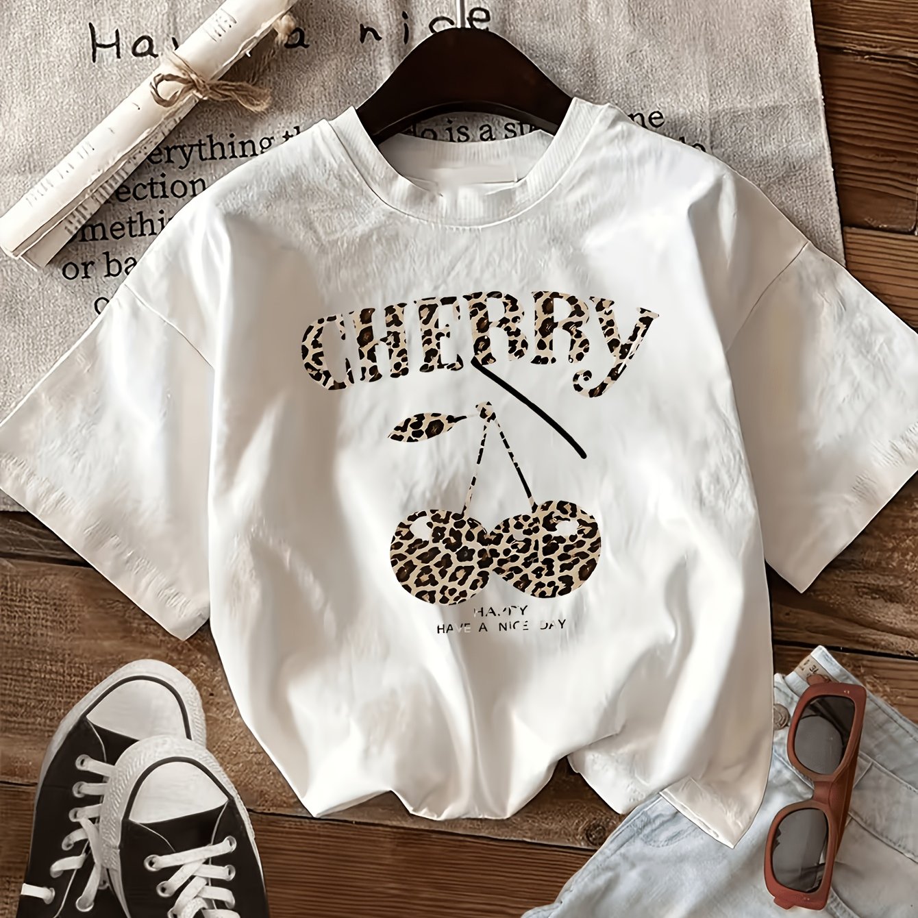 TEMU Cherry Print Fashion Women's Short Sleeve Round Neck Short Sleeve Top