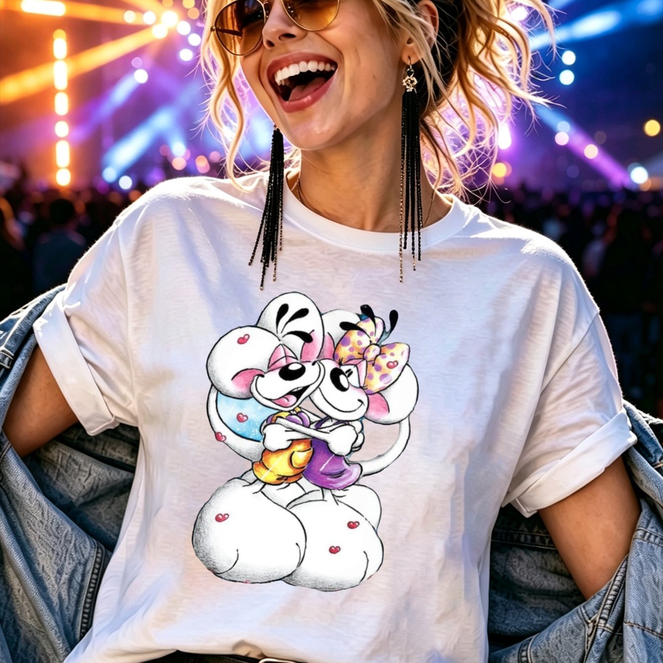 Image of Cute D Cartoon Mouse Couple Graphic T-shirt 2 Happy Mice Hugging With Soft Colorful Sketch Style For Romantic All T-shirt