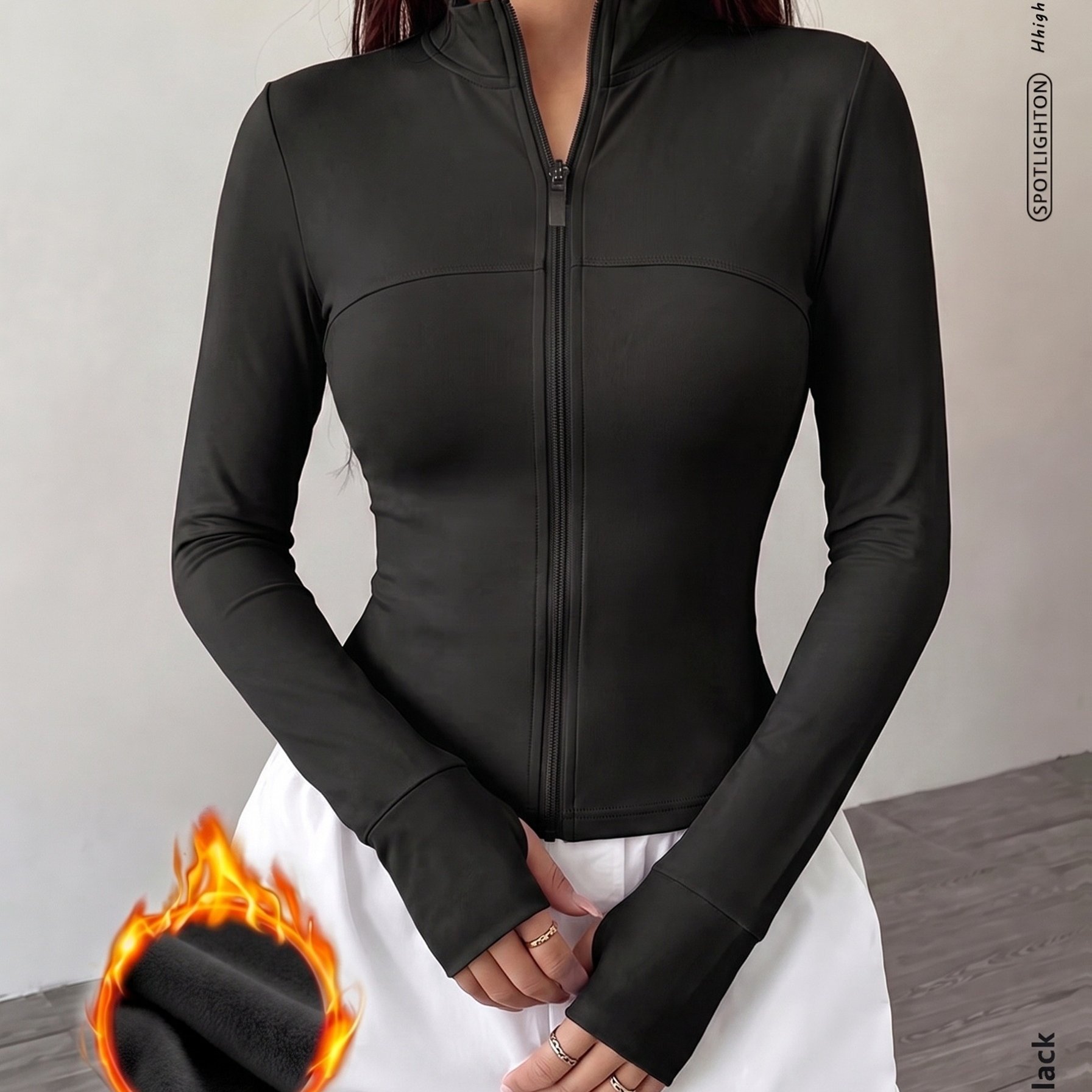 TEMU Women's Fleece-lined Collar Full-zip Short Fitness Jacket, Slim Long Sleeve Tight Warm Athletic Jacket. Adjustable Collar Height With Long