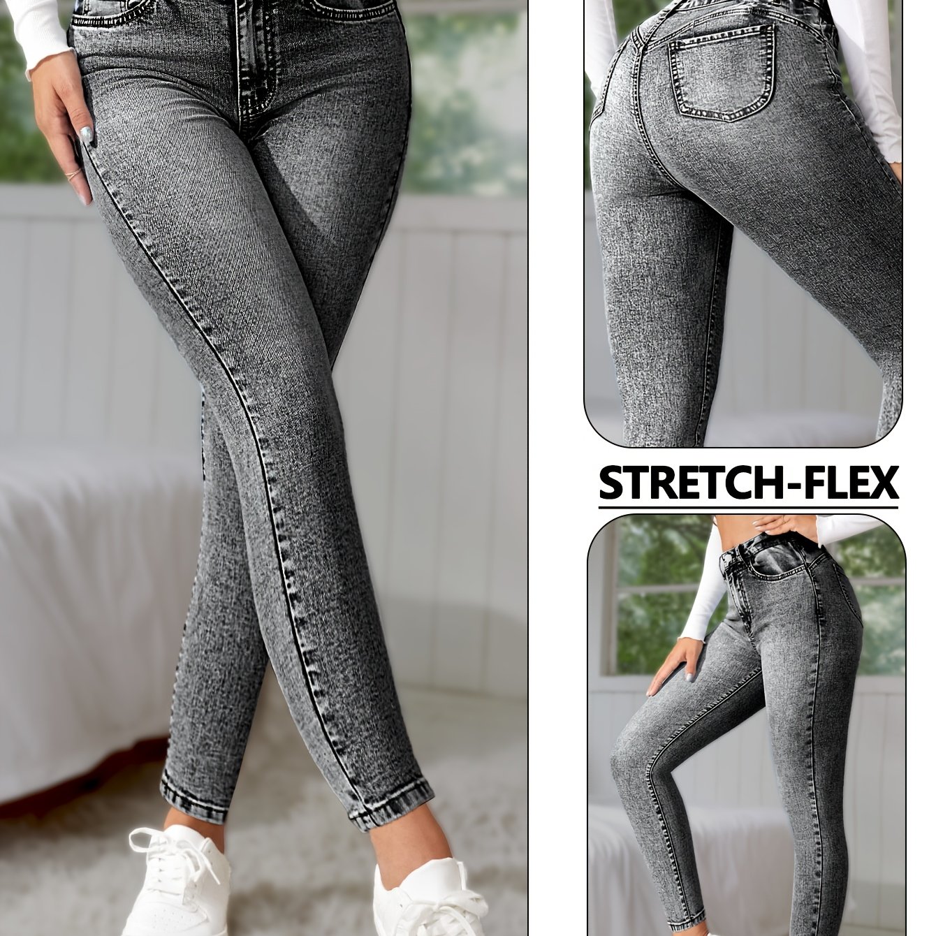 Gray Women's Elegant Fashion Slim Snowflake Elastic Skinny Jeans