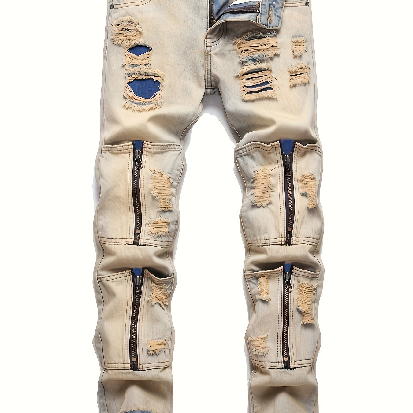 Men's Ripped Patch Jeans, Men's Zipper Pocket, Mud Dyed Vintage Street Brushed Straight Leg Long Pants