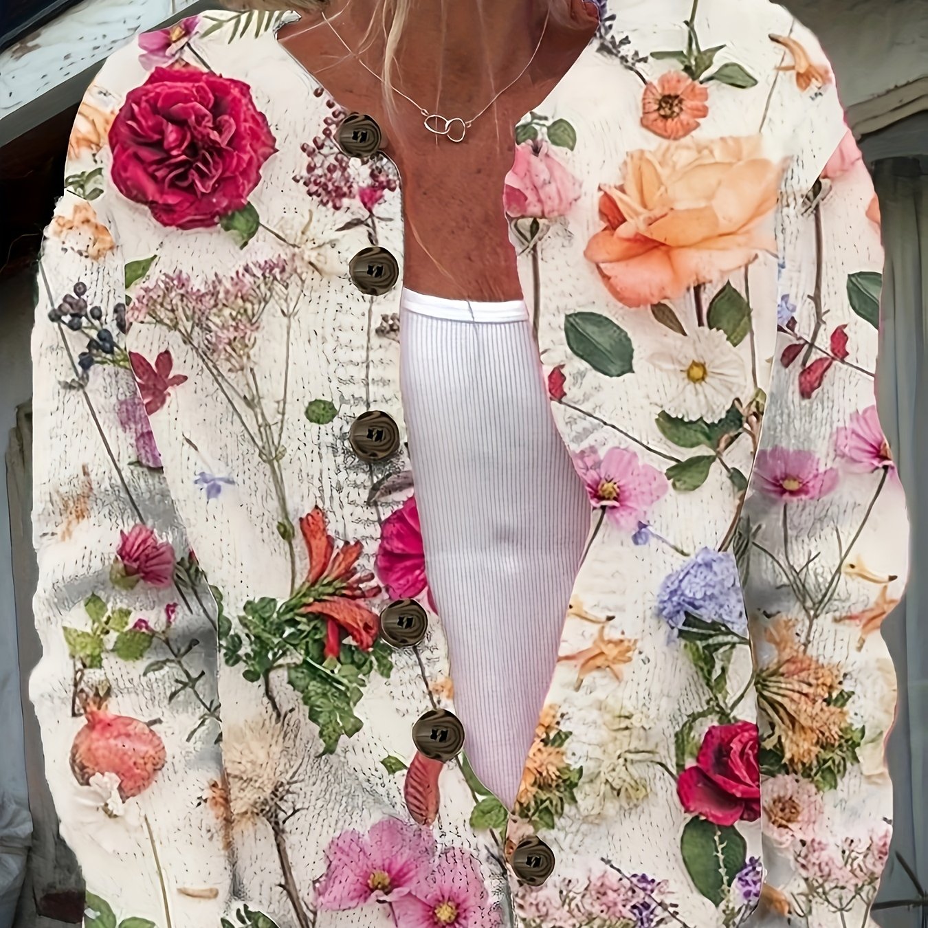 TEMU Plus Size, 2d Flat Pattern Autumn/ New Stylish Versatile Round Neck Long Sleeve Cardigan Women's Top With Floral Pattern Flat Trendy Women's
