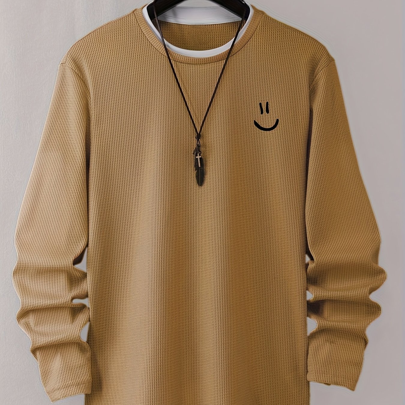Image of Trendy Cartoon Face Print Comfortable Sweat-absorbent Waffle Knit Youth Men's Casual Minimalist Long-sleeve T-shirt