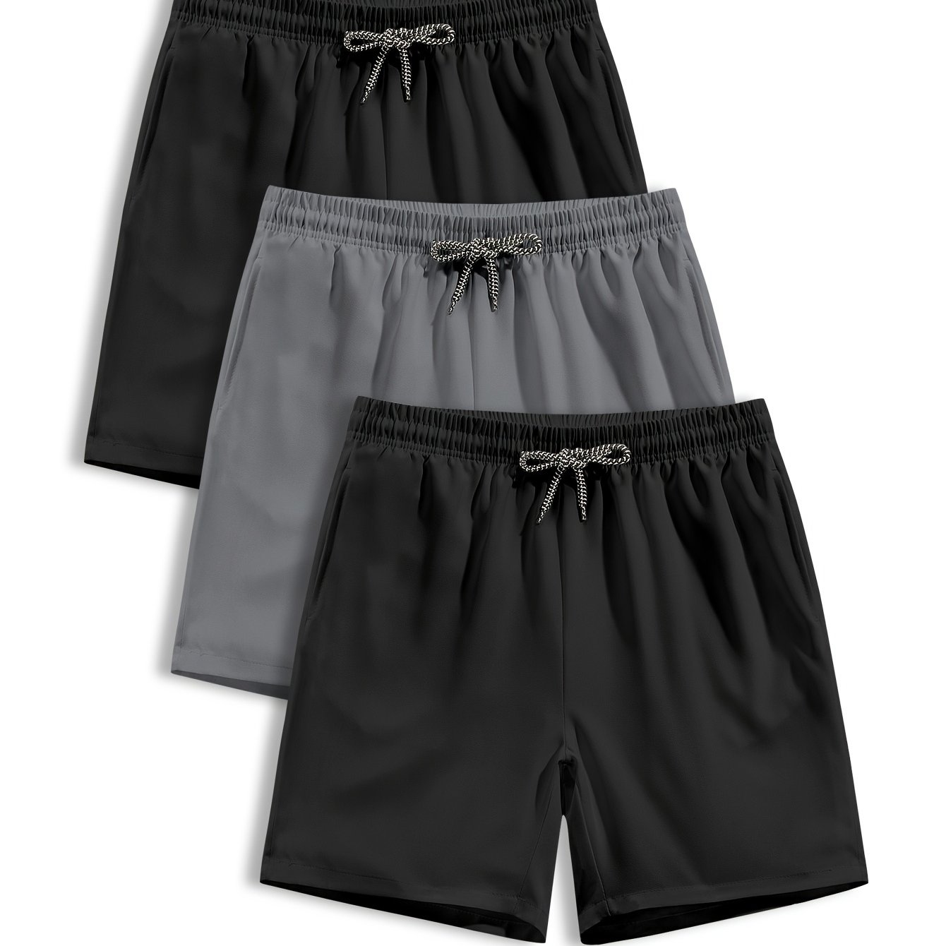 3pcs Men's Casual Athletic Shorts - Breathable Polyester, Solid Color With Drawstring Waist