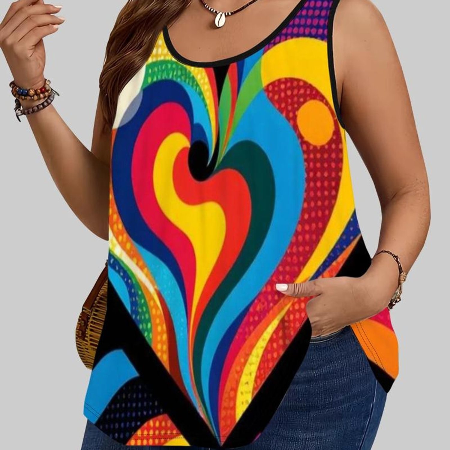 TEMU Plus Size, Plus Size Women's Tank Top, Mixed Color, Multiple Sizes , Polyester Material, Vibrant Heart Abstract Print, Psychedelic Style,