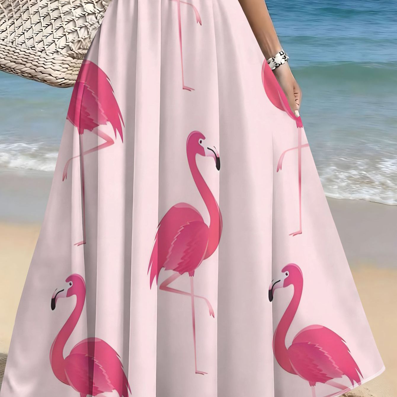 TEMU Summer Women's Elegant Skirt With Pink Flamingo Pattern, A Beautiful Garment For Women