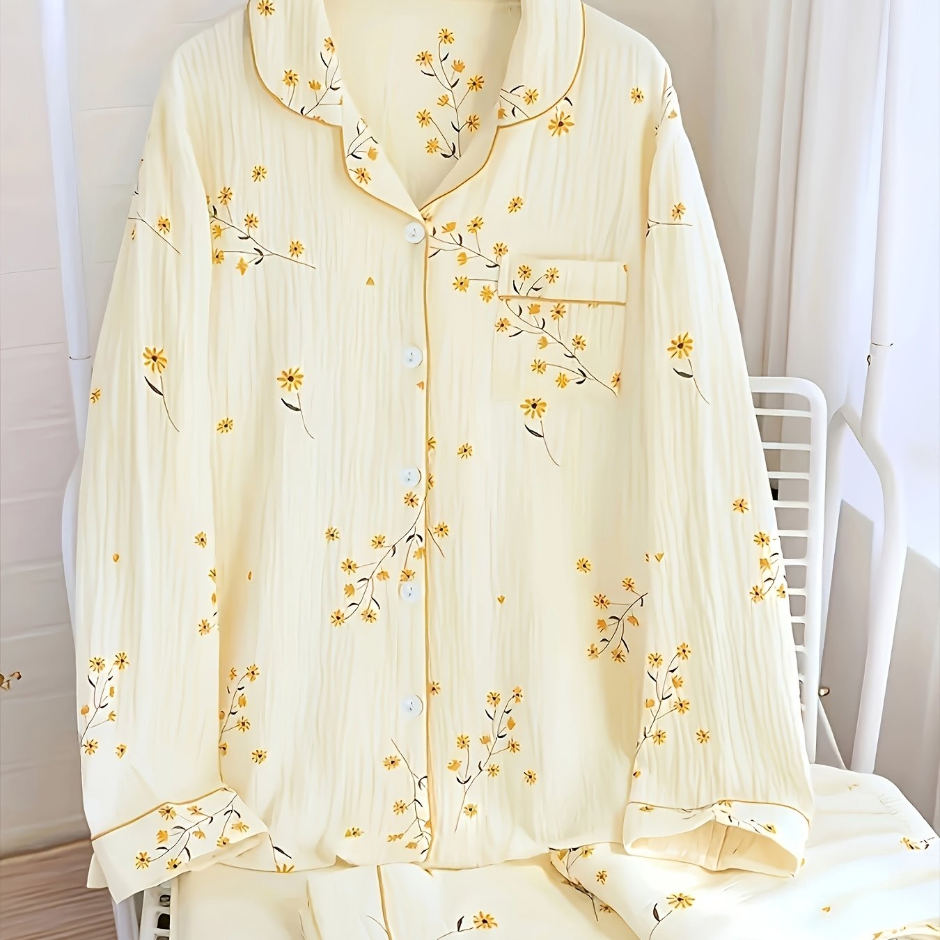 E-shop Bubble Wrinkle Blumenmuster Langarm Pyjama Set