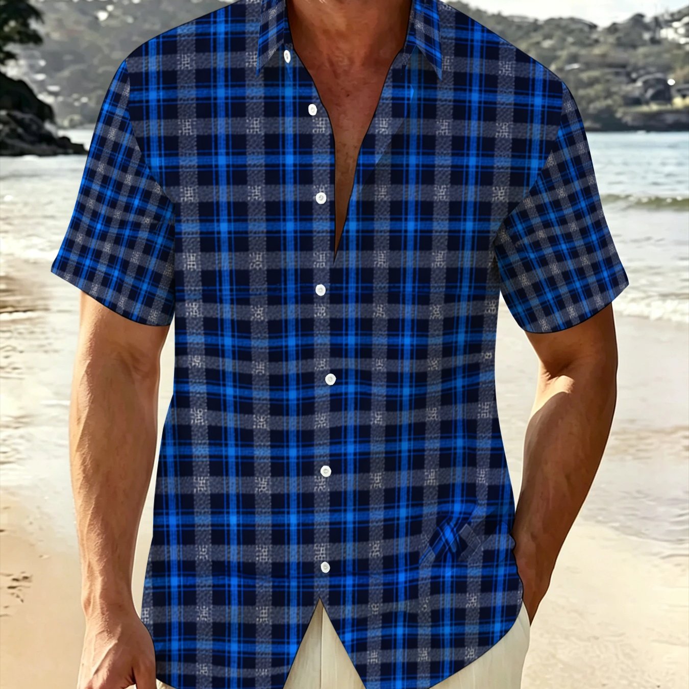 TEMU Men's Plus Size Plaid Short Sleeve Button- Shirt - Lapel Collar Button Front Suitable For Casual Daily Wear, Office & Semi-formal, Machine