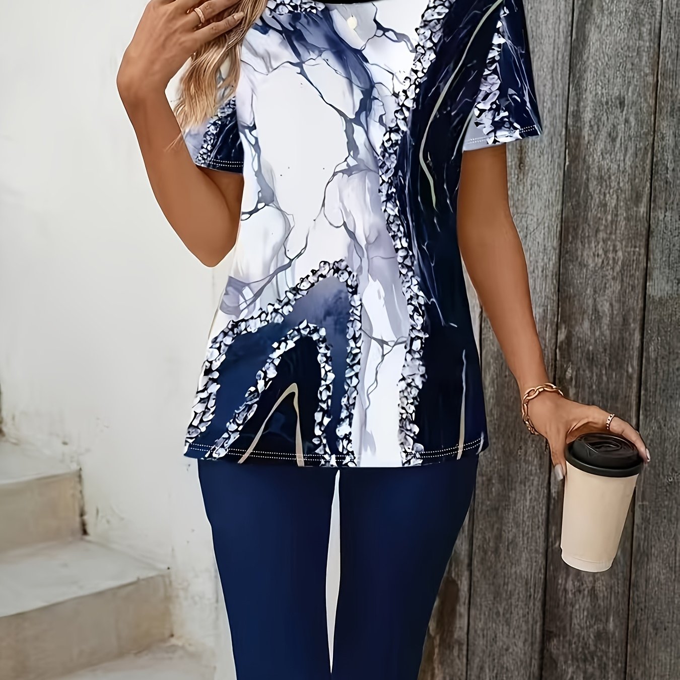 Image of Women's Fashion Marble Print Round Neck Short Sleeve T-shirt And Leggings Set