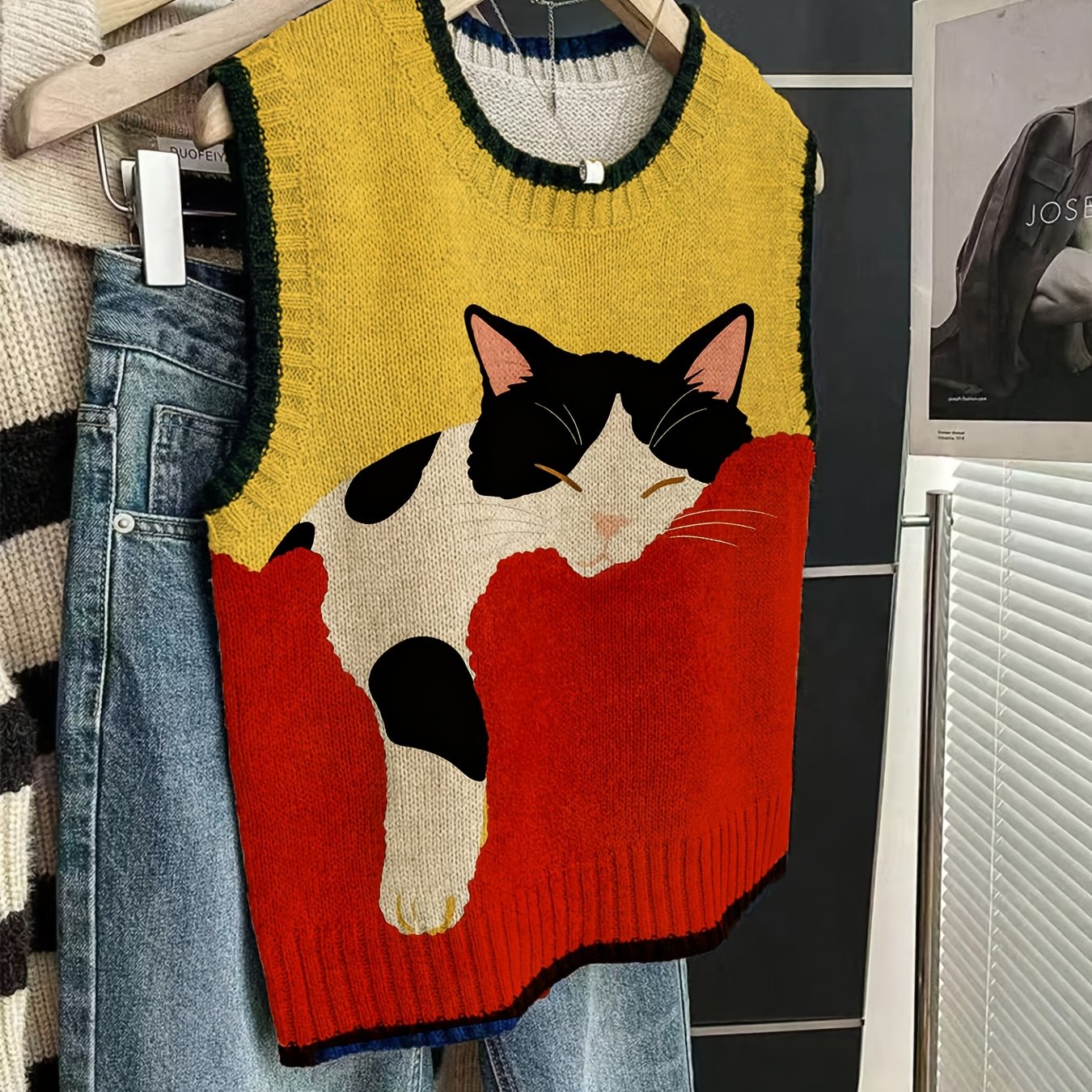 TEMU [2d Digital Printing] Kitten Pattern Women's Pullover Sweater, Fashionable Item, Round Neck , , Wardrobe Essential, Trendy Knitwear, Breathable