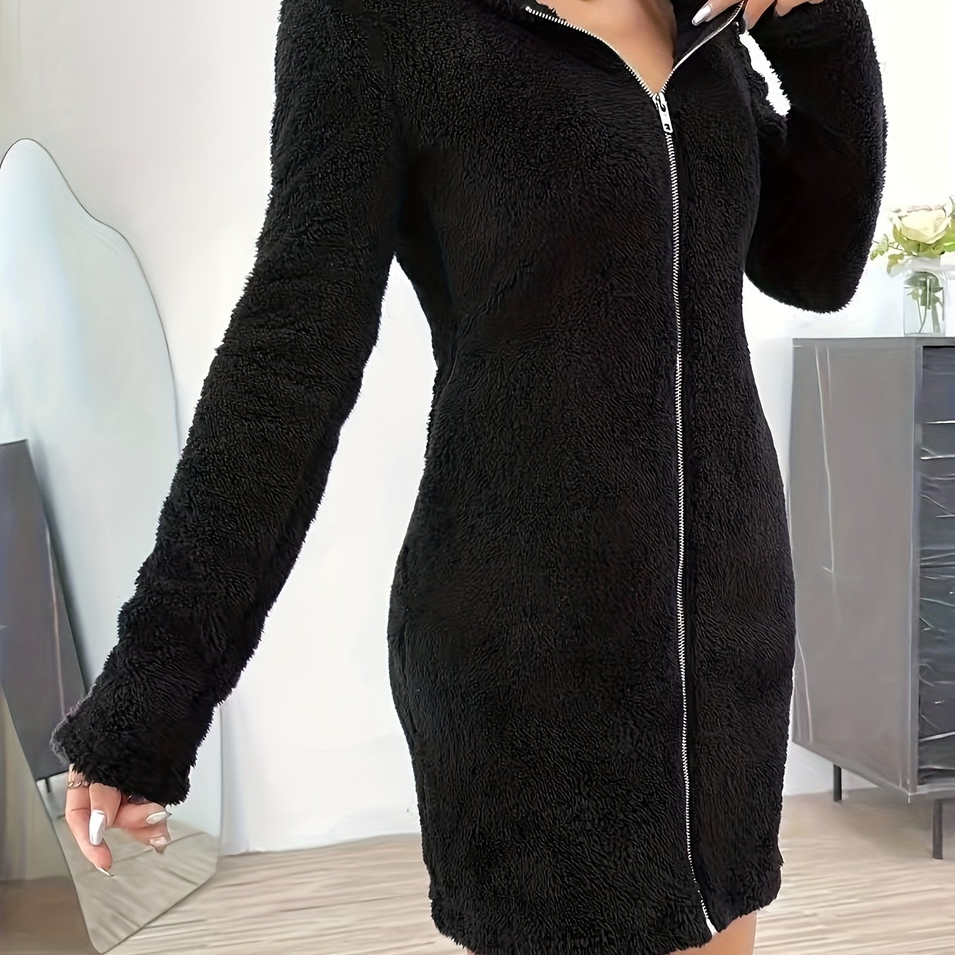 E-shop Einfarbige, doppelseitige Plüsch-Strickjacke mit Reißverschluss, Kapuze, elastischem Bund und lockerem Schnitt für Damen, Herbst- und Wintermode