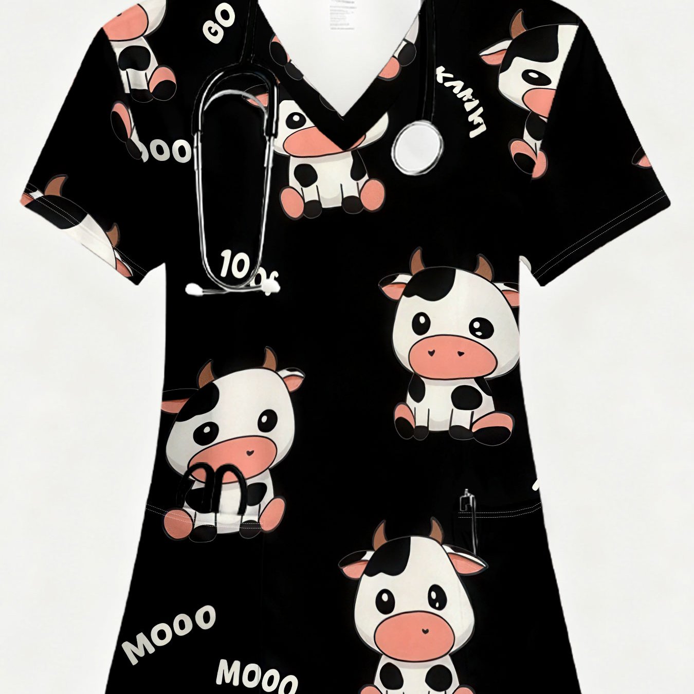 TEMU Women's Short-sleeve Pocketed Fashion V-neck Nurse Uniforms, Featuring A Modern Minimalist Style With A High-definition Cute Cartoon Cow Print,