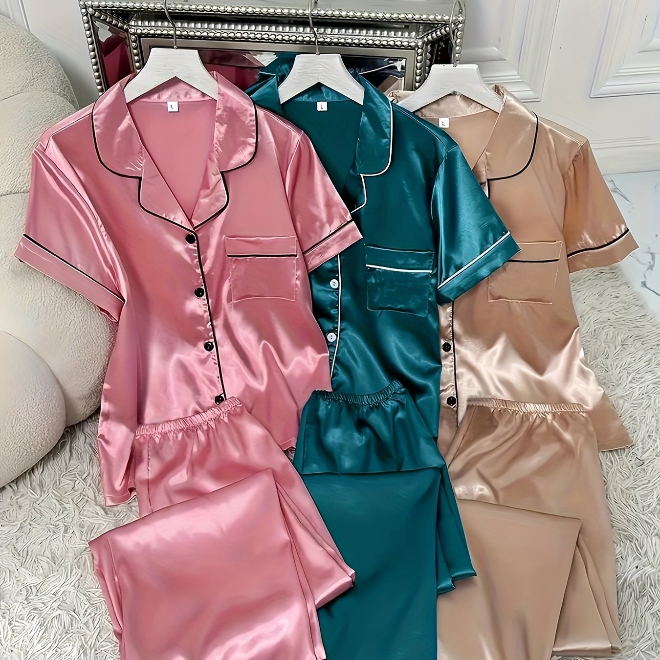 Image of Casual Fashion Comfortable 6pcs Solid Color Satin Charmeuse Short-sleeved Shirt & Elastic Waist Long Pants Standard Size Short-long Set Pajamas