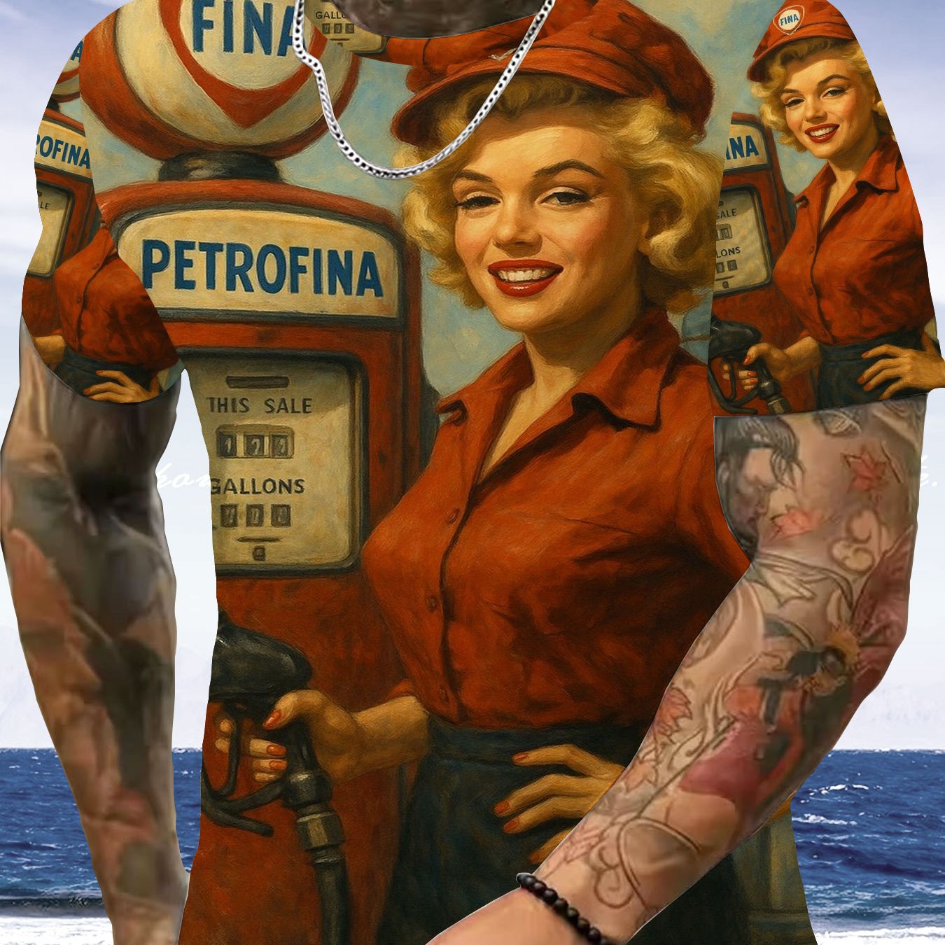 TEMU Men's 3d Vintage Gas Station Graphic Polyester T-shirt, Retro 50s Style Fuel Pump Tee, Classic Nostalgic Themed Short Sleeve Top For Daily
