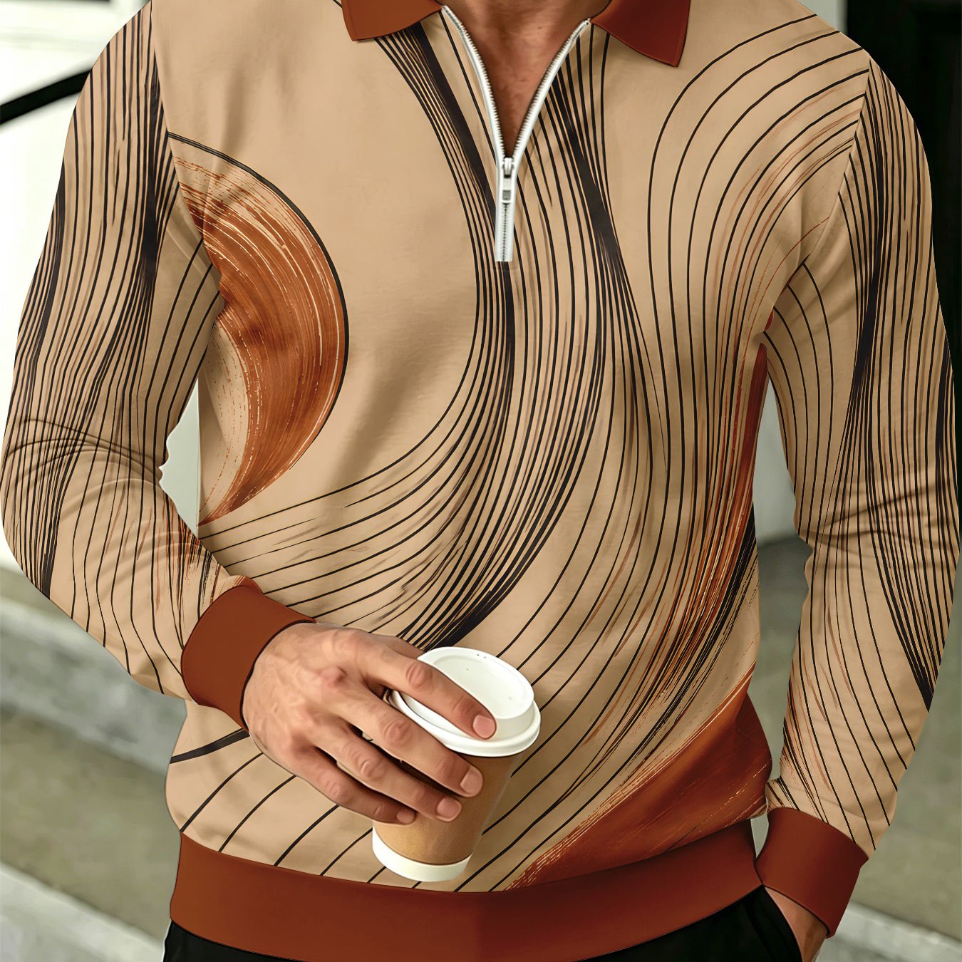 TEMU Men's Color-block Long Sleeve Shirt, Lapel Half-zip Casual Top With Gilded Ripple , Versatile Business Commuting And Golf Apparel For