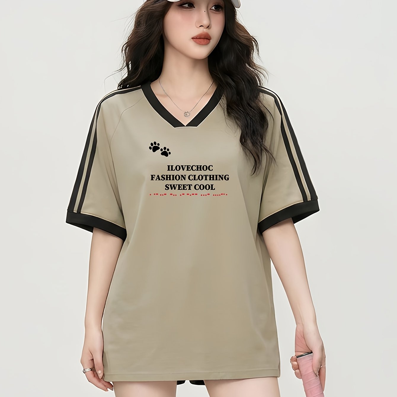 TEMU 여성용 브이넥 반팔 영문 프린트 티셔츠, 봄/여름 디자인, 루즈하고 여유로운 핏, 컬러 블록 상의