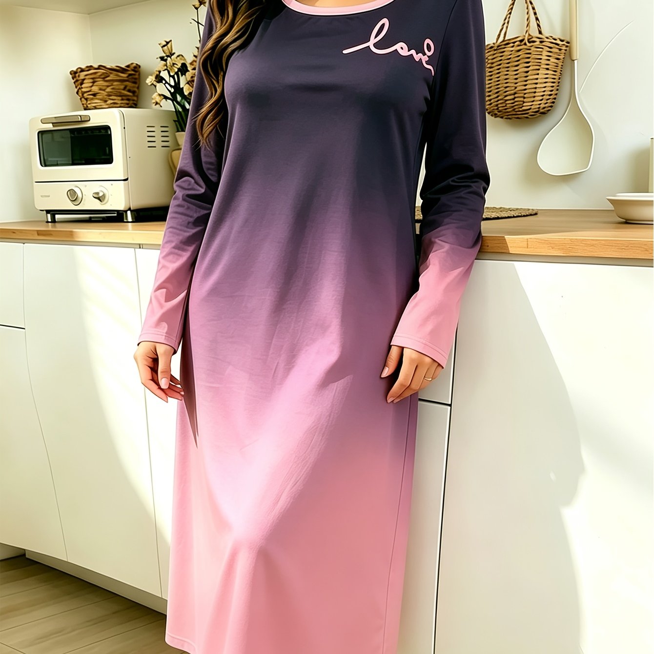 TEMU de nuit décontractée dégradée pour femme automne/hiver, robe longue maxi simple ample et confortable, robe longue fine à manches longues