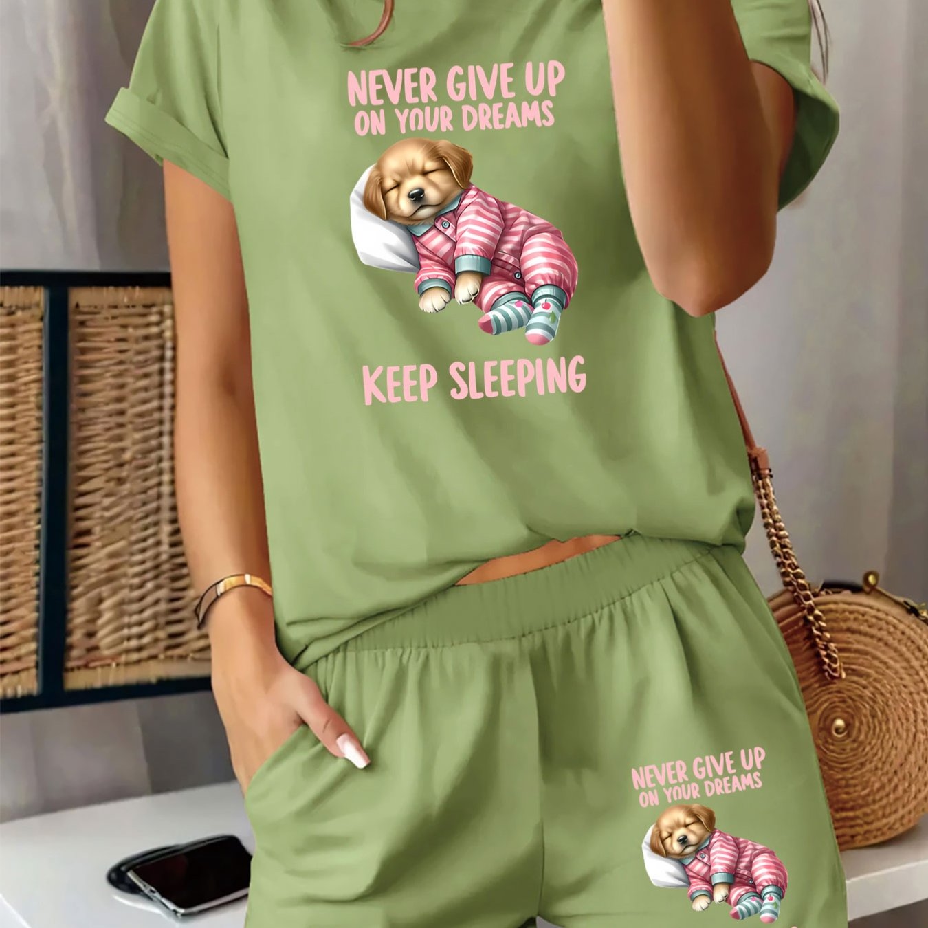 TEMU 2pcs Set: Stylish And Comfortable Women's Home Outfit With Cute Puppy Print, Featuring Striped Pajamas, A Cozy And Pattern, A Round Neck