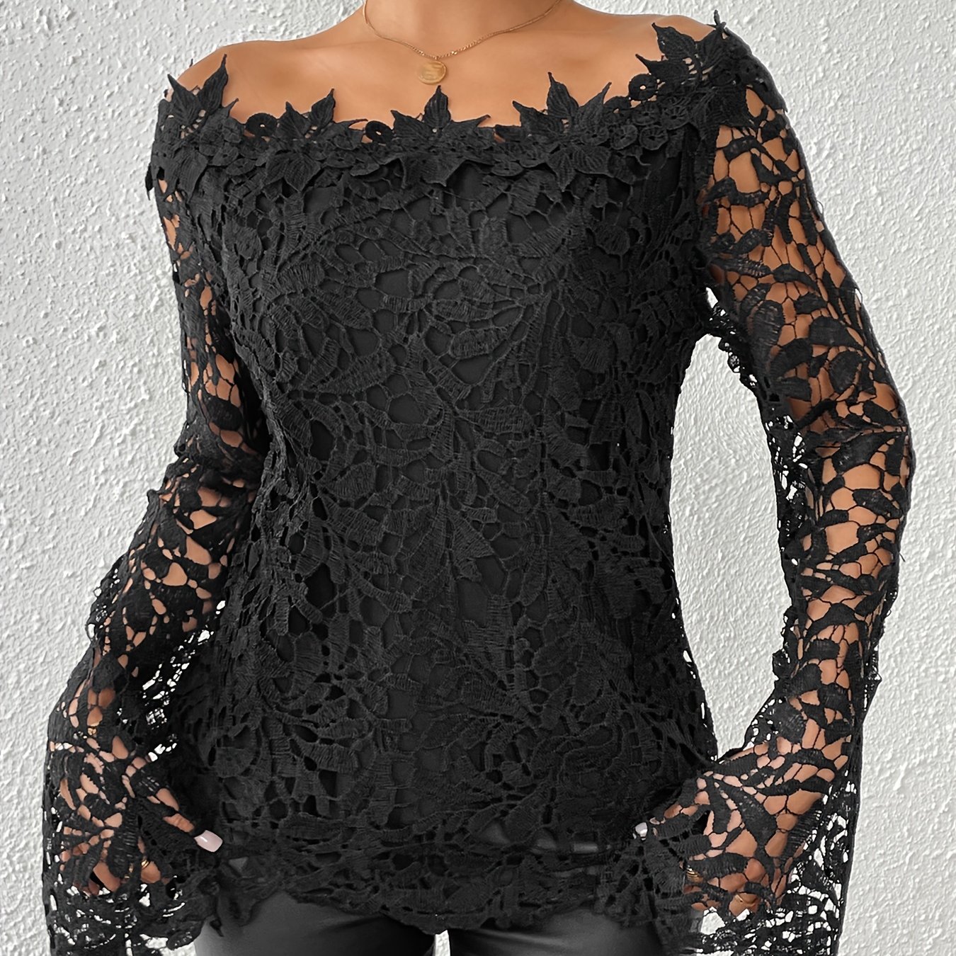 Image of Long Solid Color Sexy Lace Trendy Fashion Casual Versatile Base Shirt Top High-end Style Fashionable Women's Sexy Top