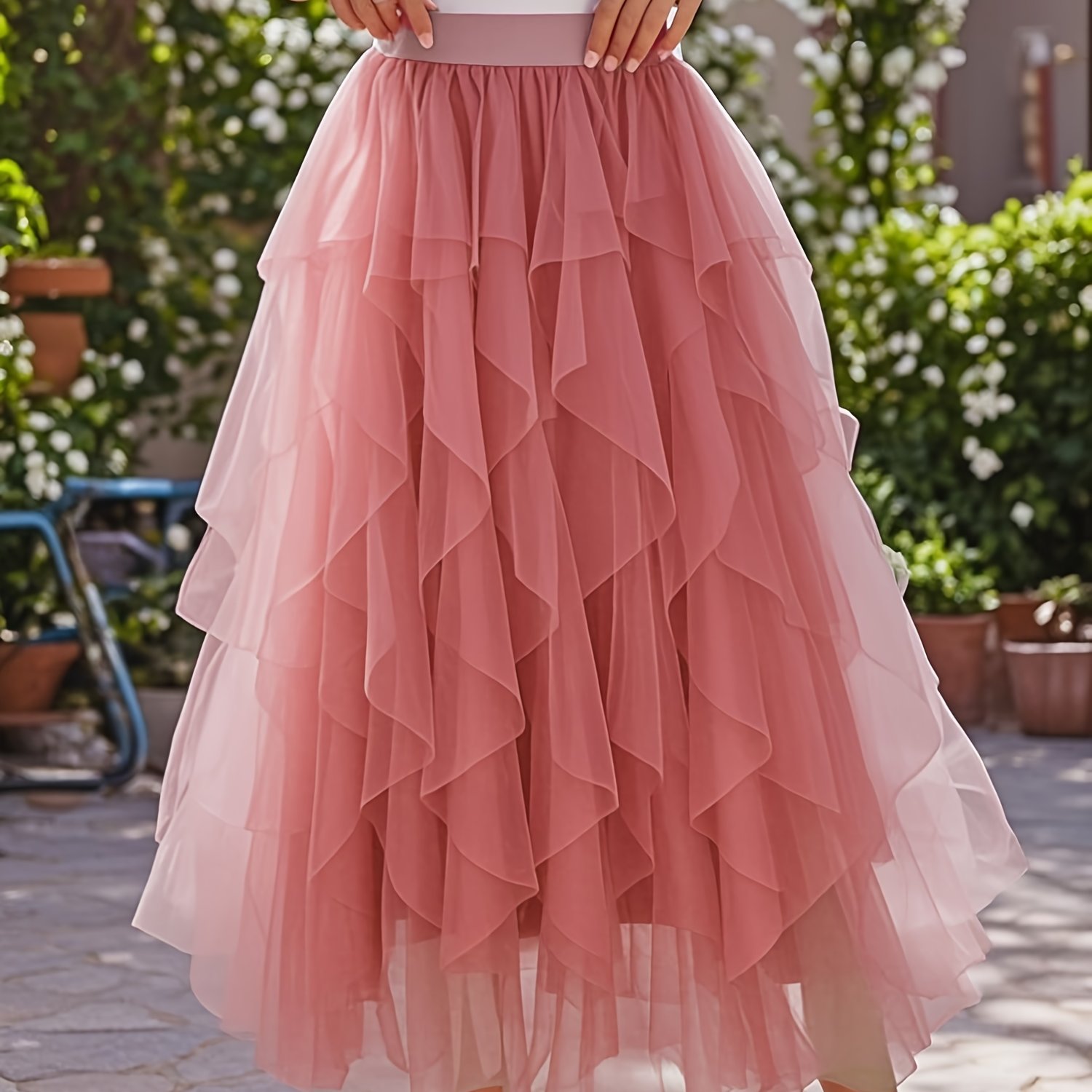 E-shop Modischer, flauschiger Mesh-Tutu-Rock | Eleganter, lässiger Stil, romantische, gestufte Ebenen, Unifarben, lange Länge, asymmetrische Details,