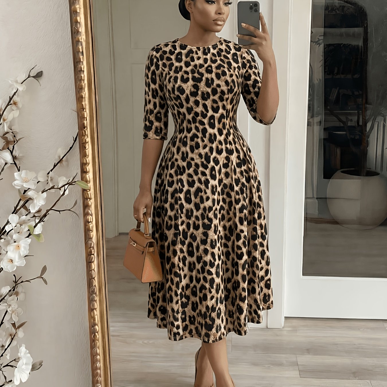 TEMU Plus Size Women's Leopard Print Midi Dress, 3/4 Sleeve Crew Neck A-line Dress, Stretchy Slim Fit Casual Dress