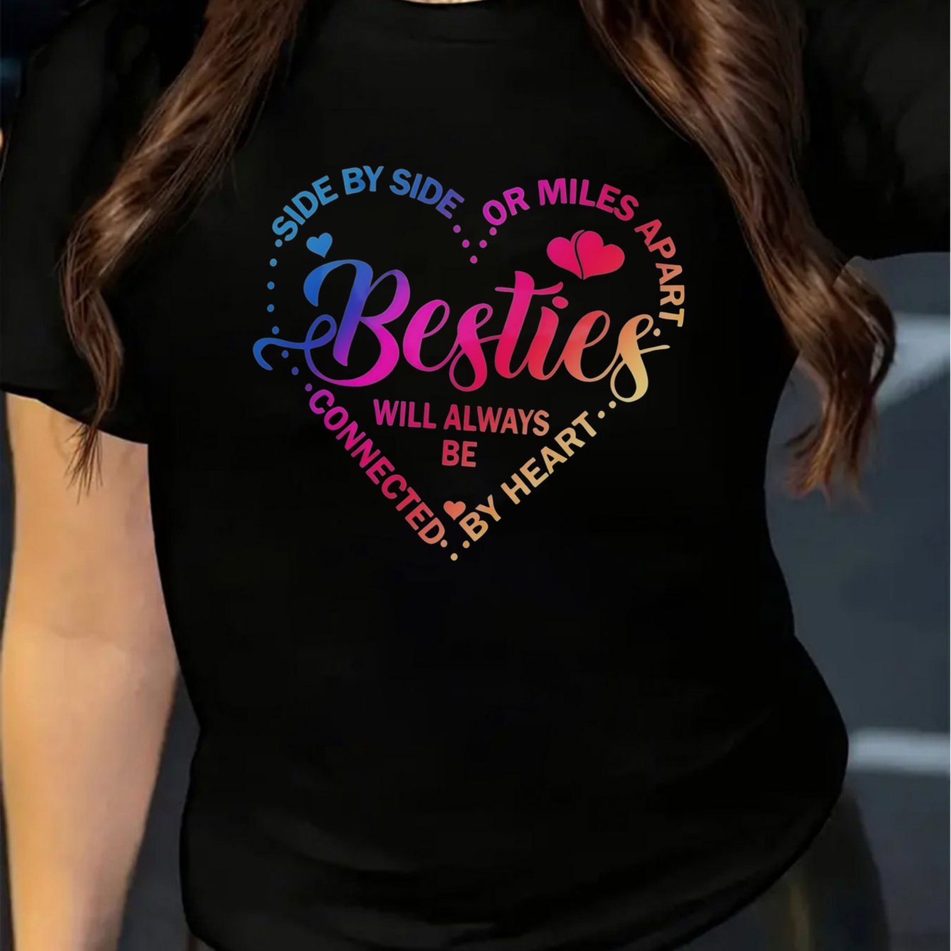 Image of Women's T-shirt Or Miles Apart Will Short Sleeve Crew Neck Casua Suitable For Spring And Summer 100% Printed T-shirt