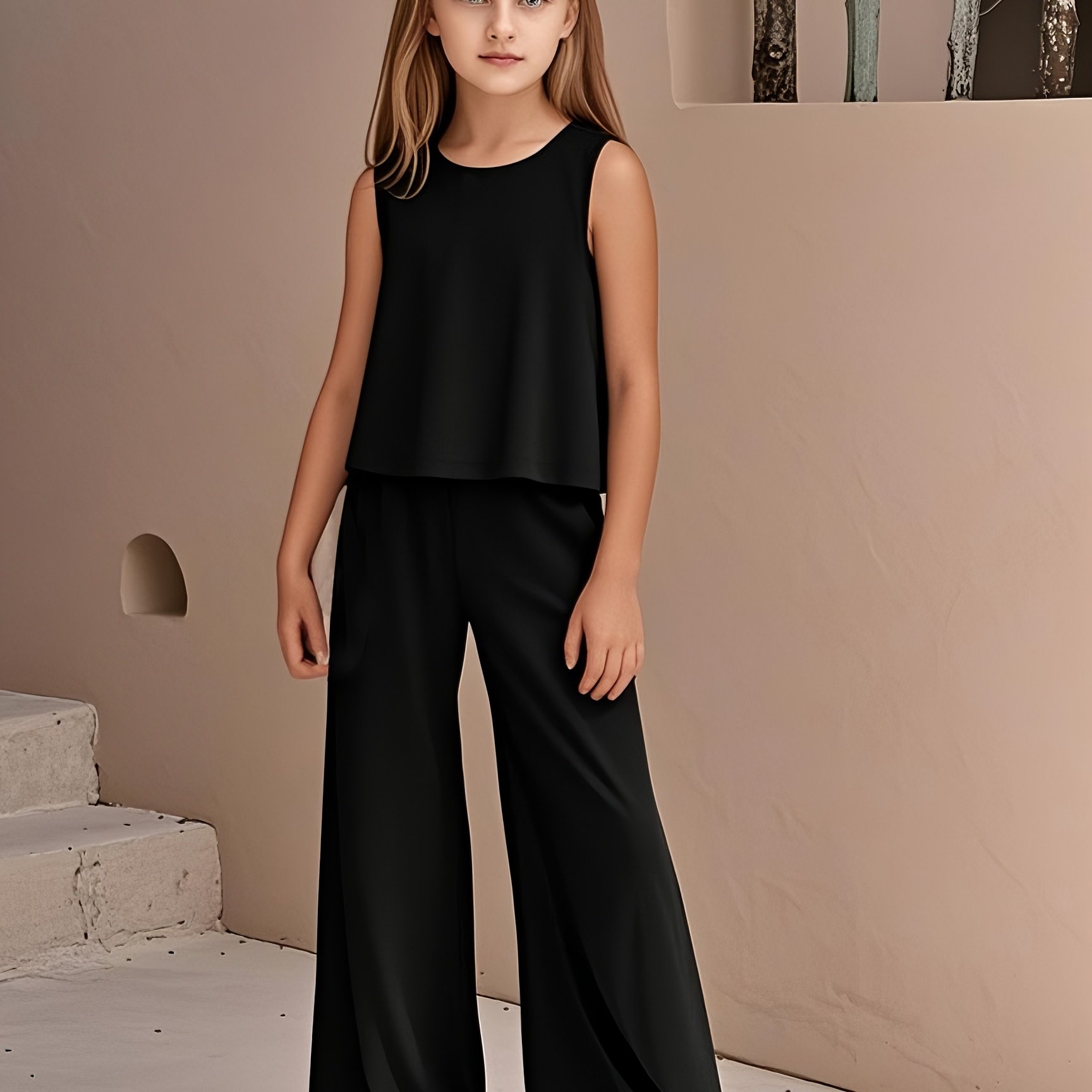 E-shop 2er-Set, Mädchen Sommerweste und Outfit, einfarbiges Tanktop und Schlaghose, atmungsaktiv und , geeignet für Sommerurlaub, ideal für