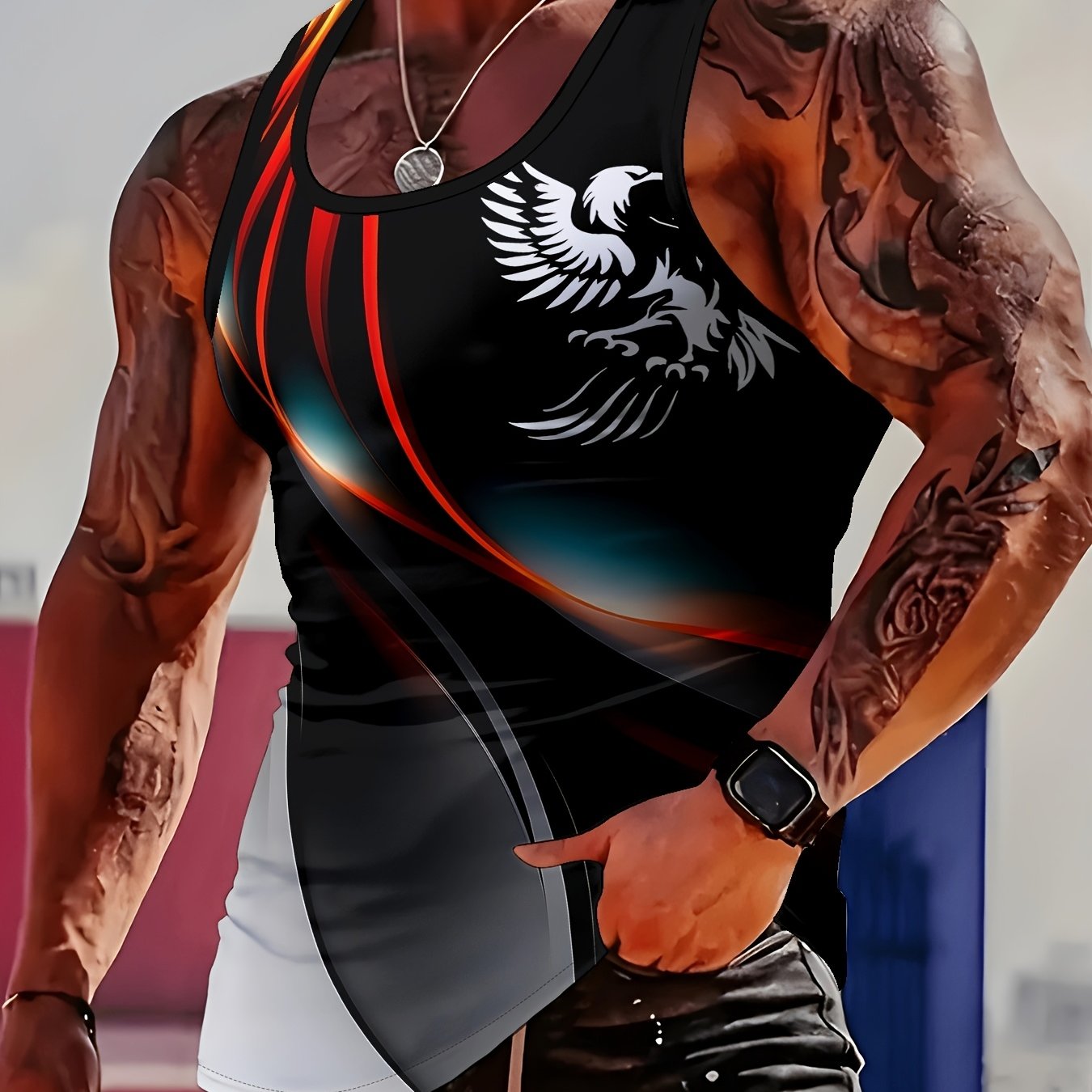 TEMU Fashionable Men's Sleeveless Tank Top With Geometric Pattern, Casual Polyester Top For Daily Wear, Hand Wash Or